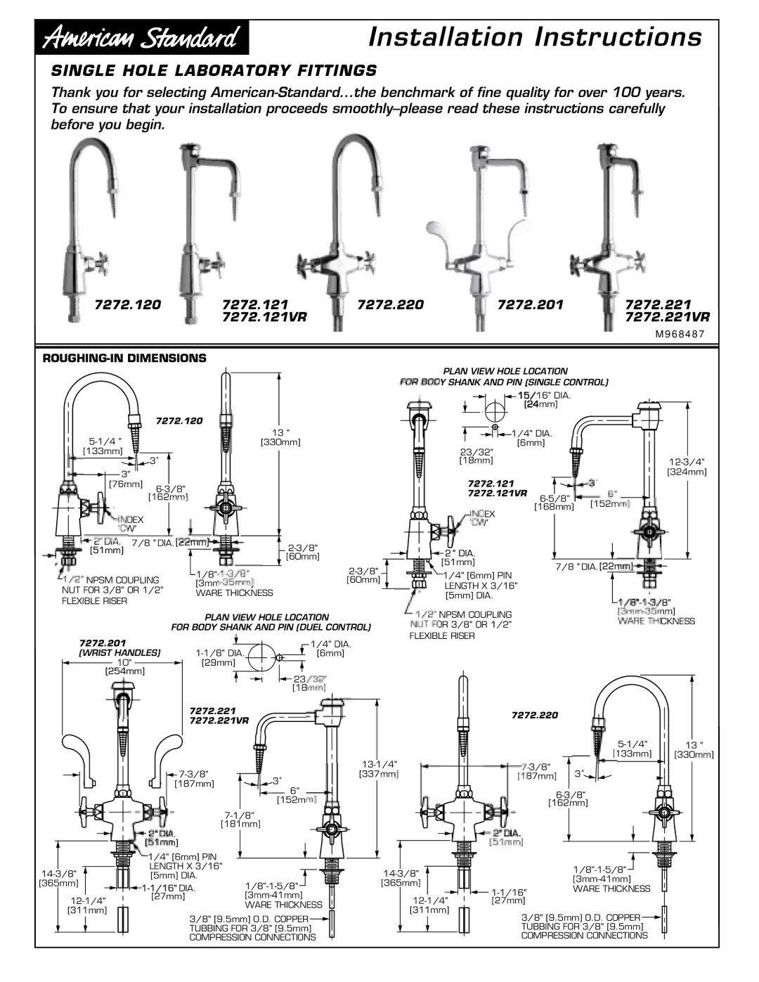 American Standard 7272.220, 7272.201, 7272.221 installation instructions Installation Instructions, ROUGHING-IN Dimensions 