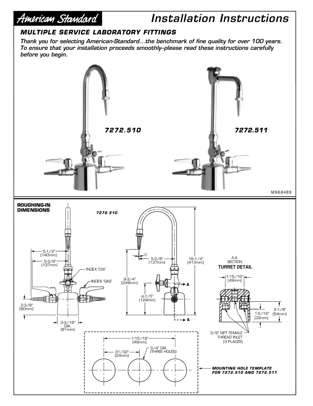 American Standard 7272.510, 7272.511 installation instructions Installation Instructions 