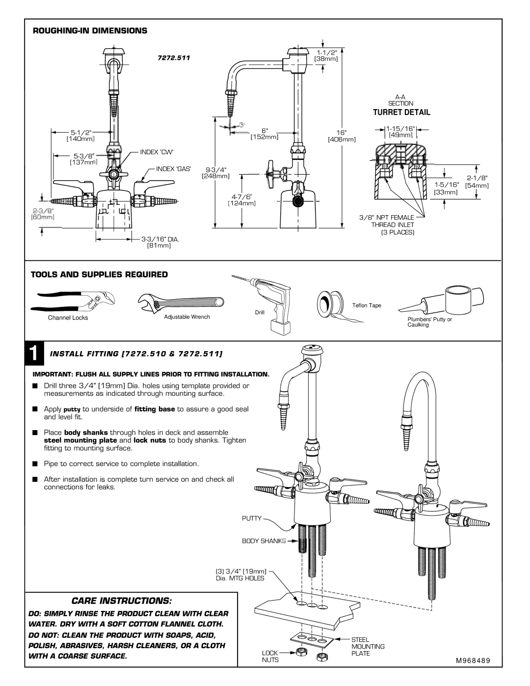 American Standard 7272.511, 7272.510 installation instructions Care Instructions 