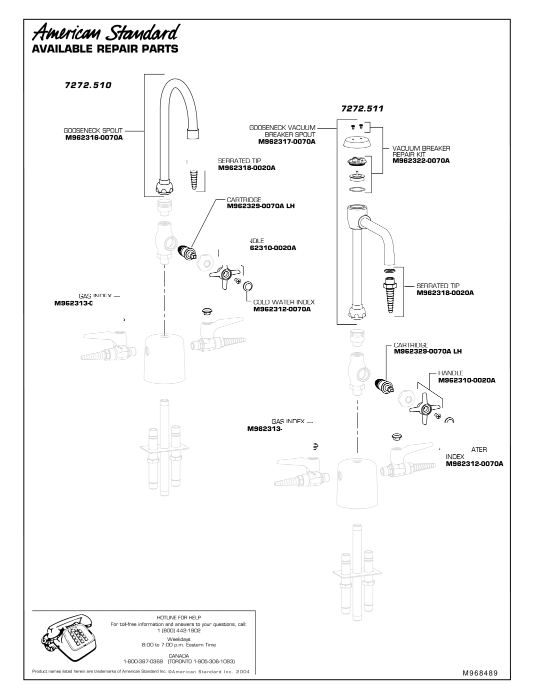 American Standard 7272.510, 7272.511 installation instructions Hotline for Help, Canada 