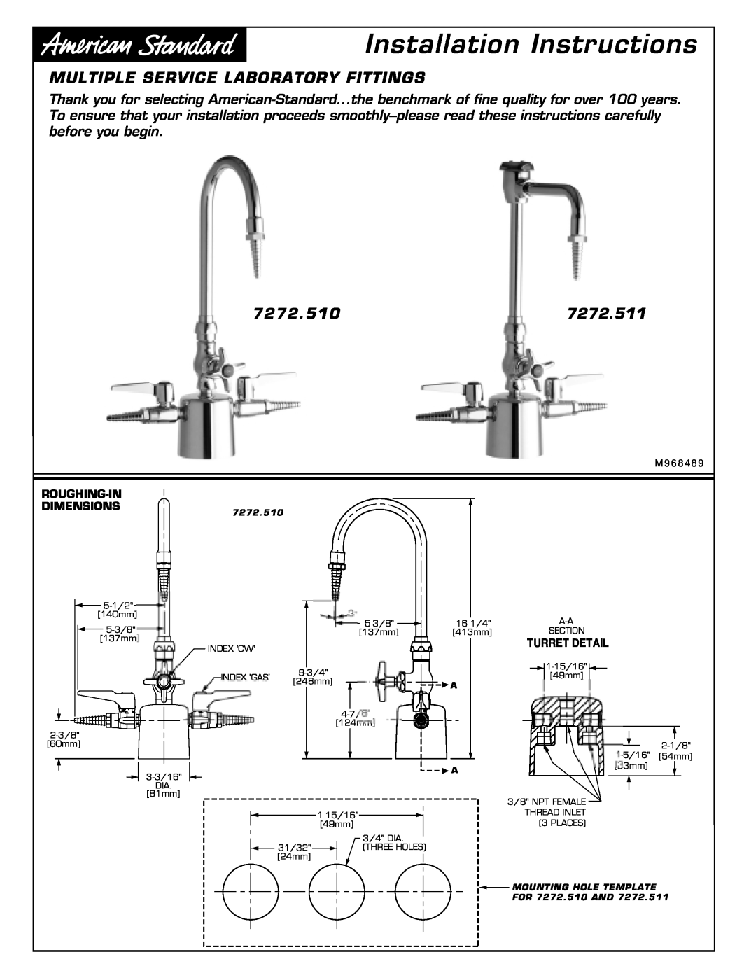American Standard 7272.510 installation instructions Installation Instructions, Multiple Service Laboratory Fittings 