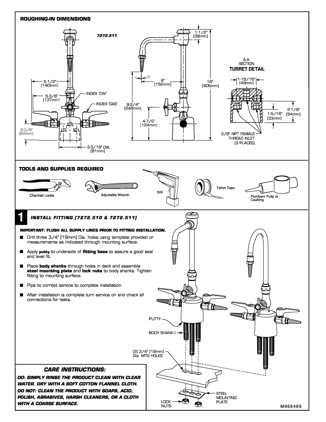 American Standard 7272.511, 7272.510 Care Instructions, Roughing-Indimensions, Turret Detail, Tools And Supplies Required 