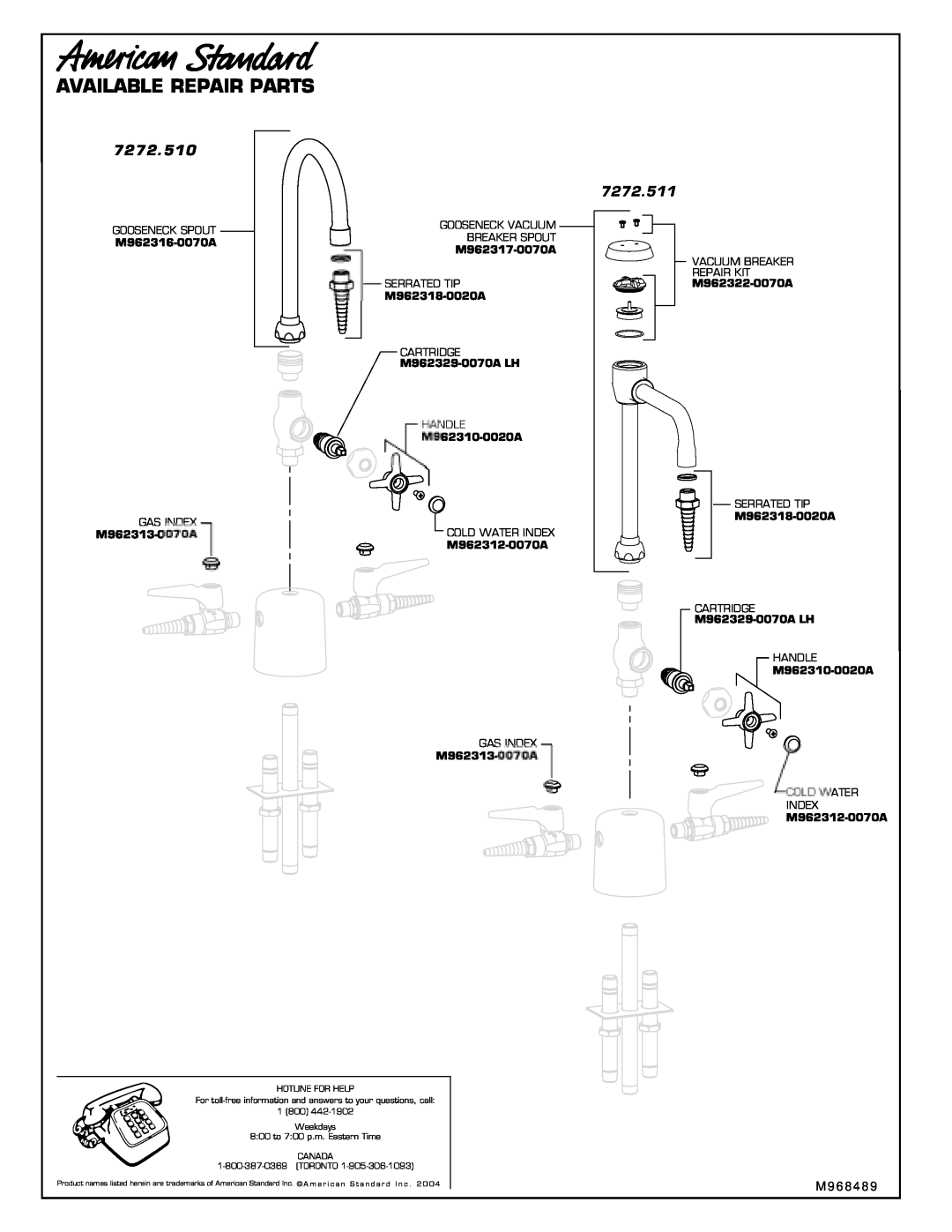 American Standard 7272.510, 7272.511 installation instructions Available Repair Parts 