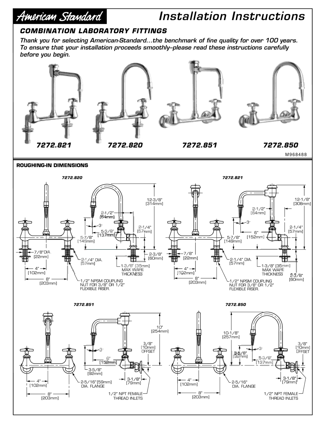 American Standard 7272.821, 7272.850, 7272.851 installation instructions Installation Instructions, ROUGHING-IN Dimensions 