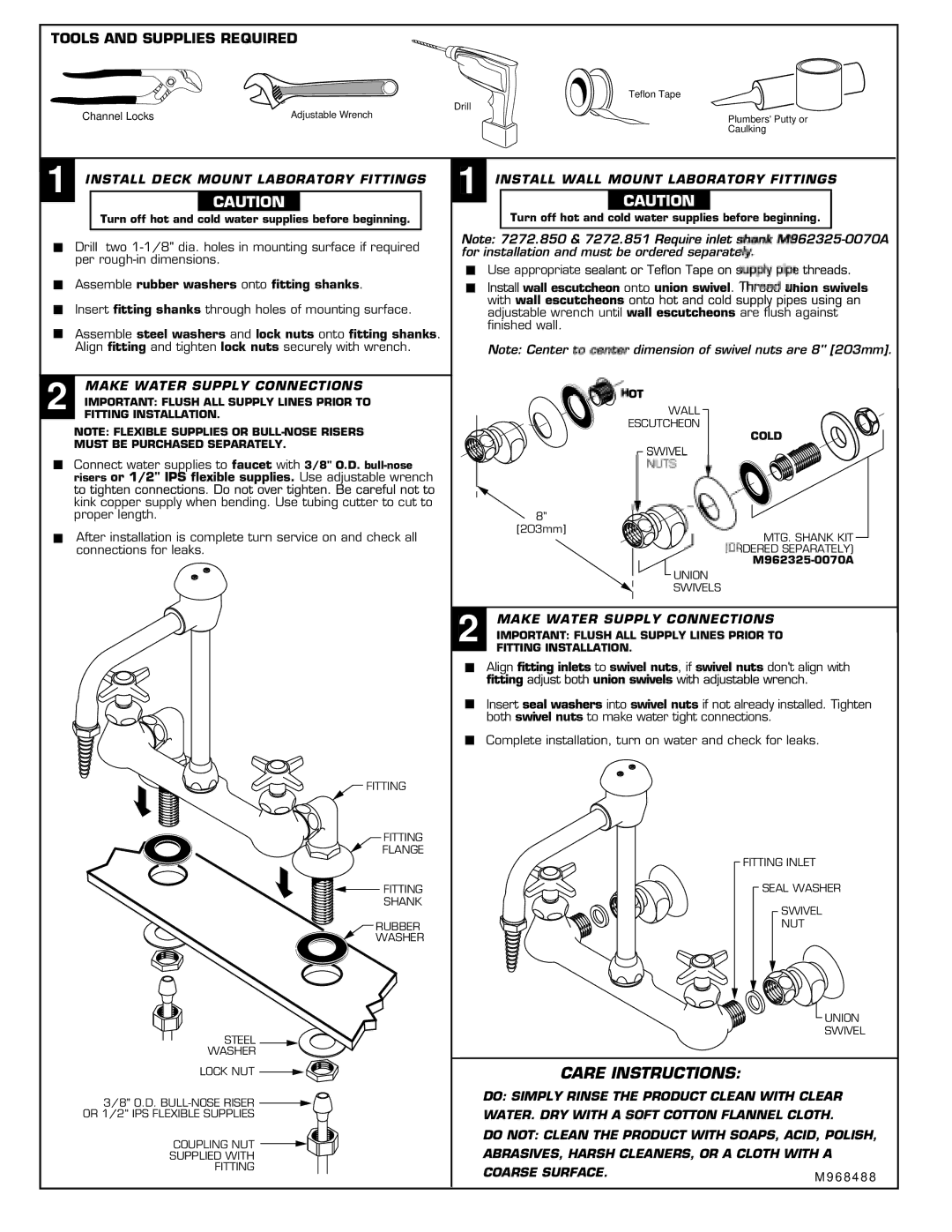 American Standard 7272.851, 7272.850, 7272.821 Install Deck Mount Laboratory Fittings, Make Water Supply Connections 