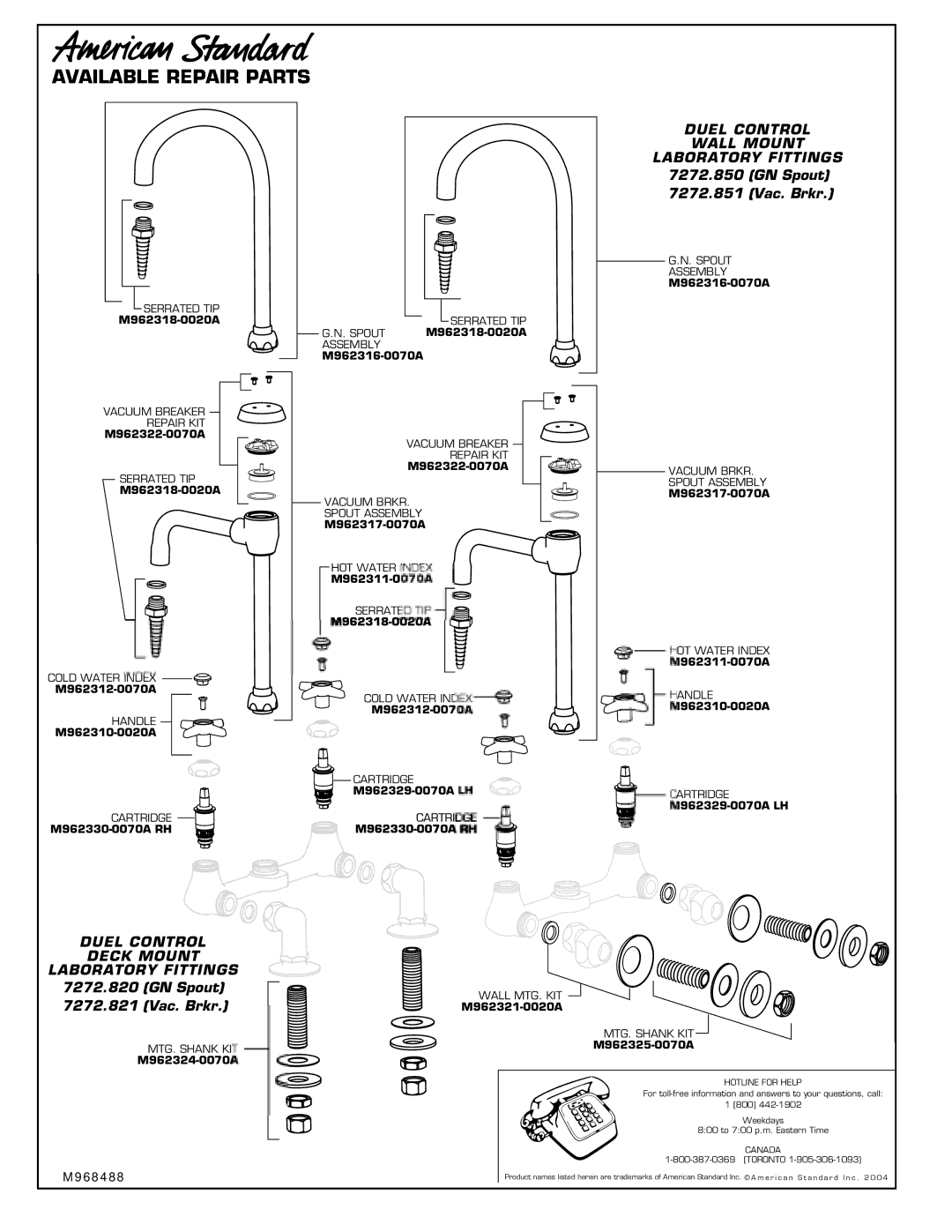 American Standard 7272.820, 7272.850, 7272.821, 7272.851 Wall Mount, Laboratory Fittings, Duel Control Deck Mount 