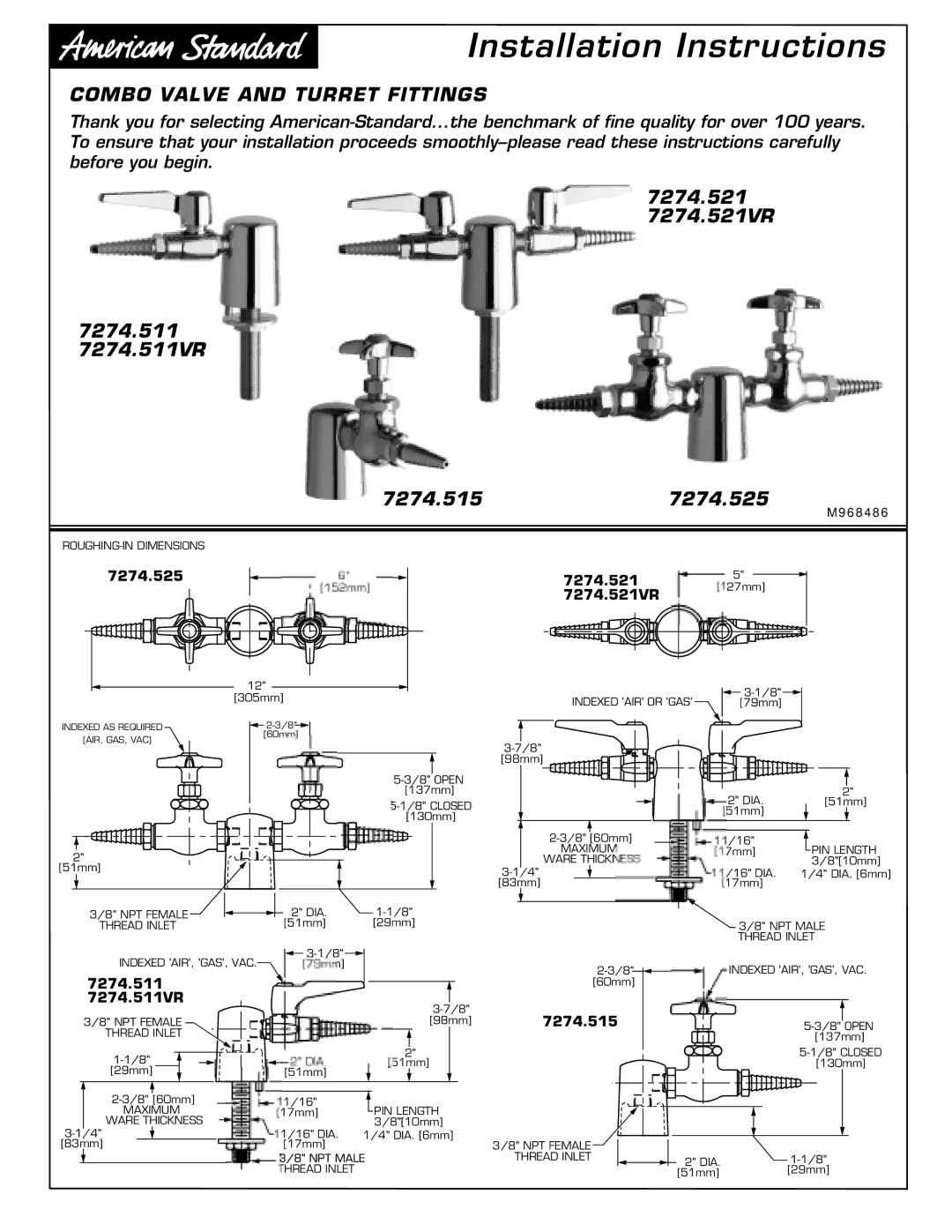 American Standard installation instructions 7274.521 7274.521VR 7274.511 7274.511VR 7274.5157274.525 