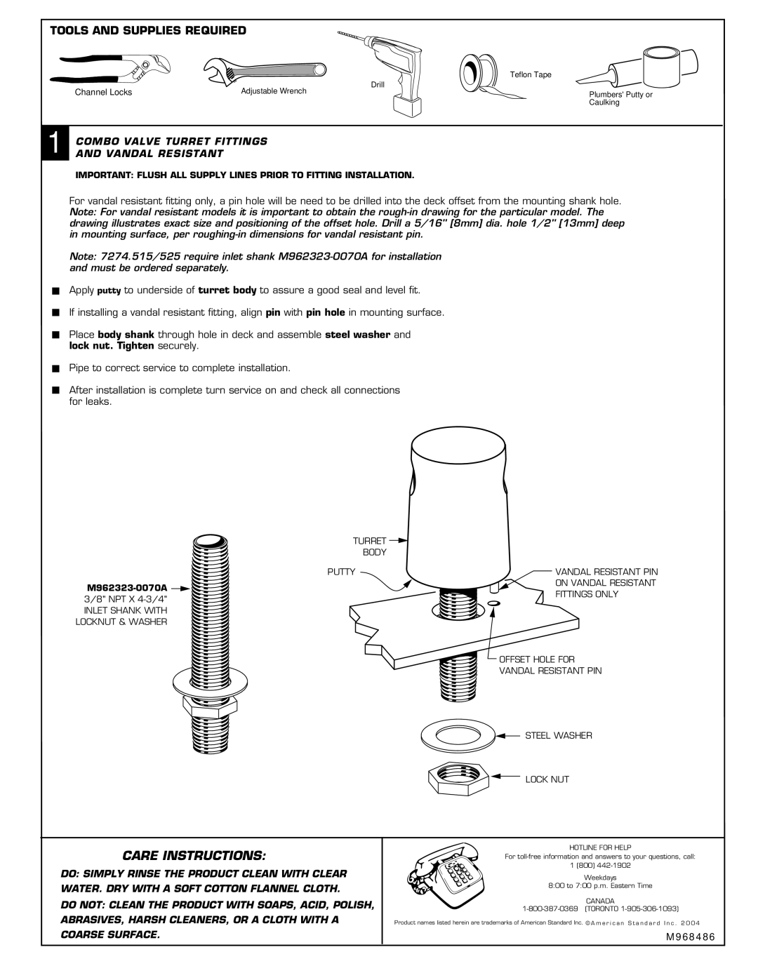 American Standard 7274.521VR, 7274.525, 7274.515 installation instructions Hotline for Help, Canada 