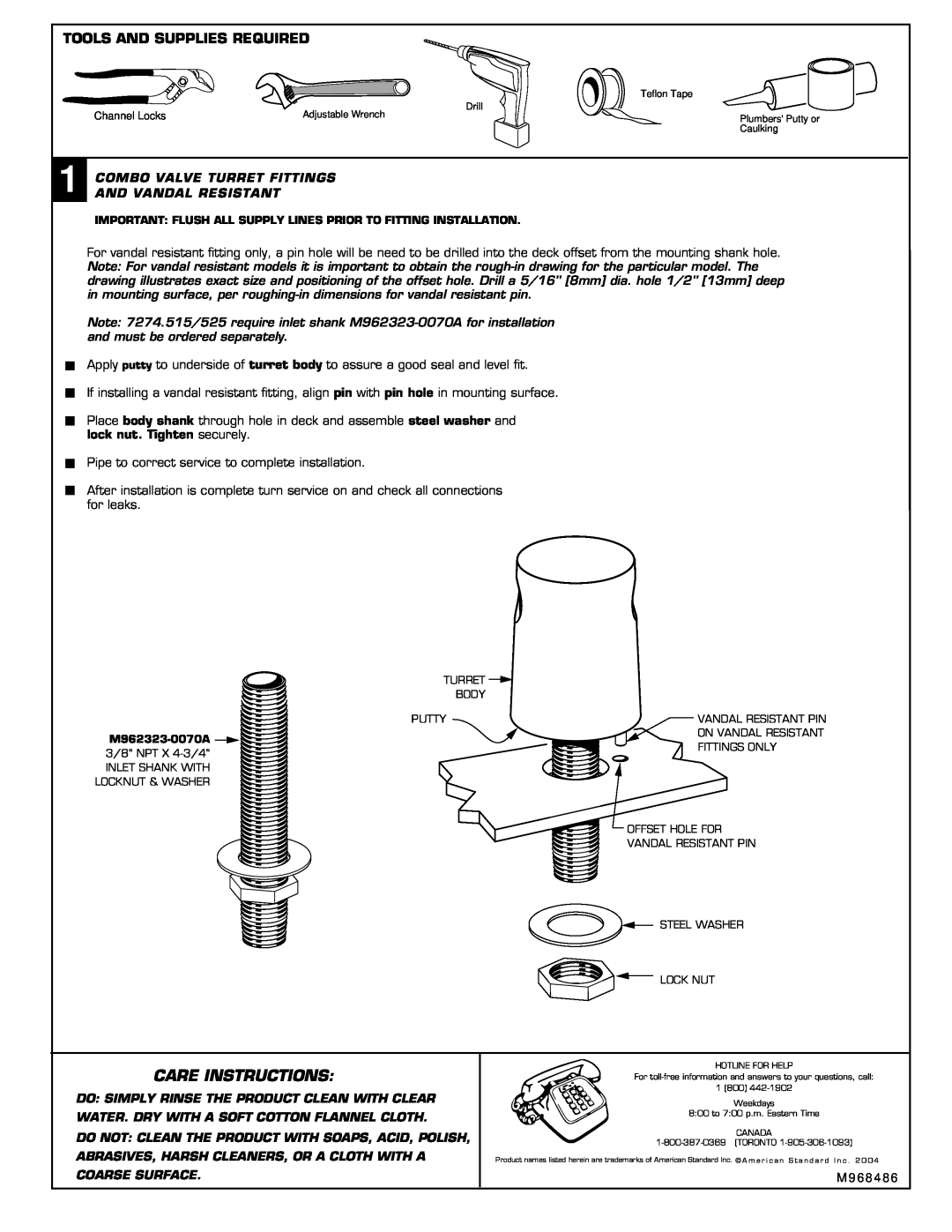 American Standard 7274.521VR, 7274.525, 7274.515 installation instructions Tools And Supplies Required, Care Instructions 