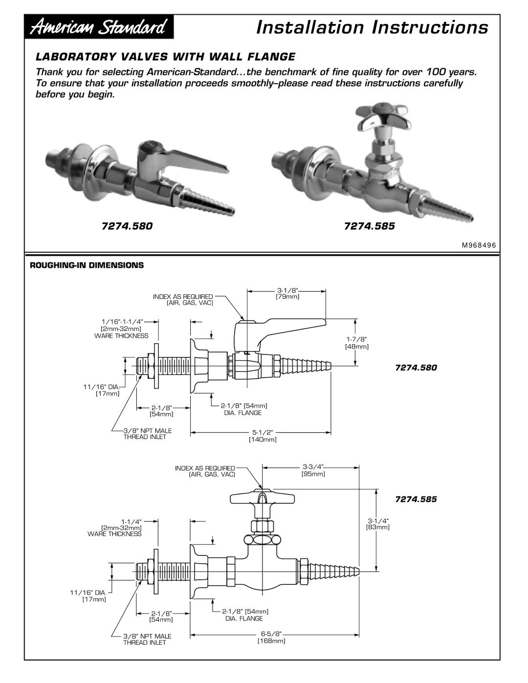 American Standard 7274.585 installation instructions 7274.580 