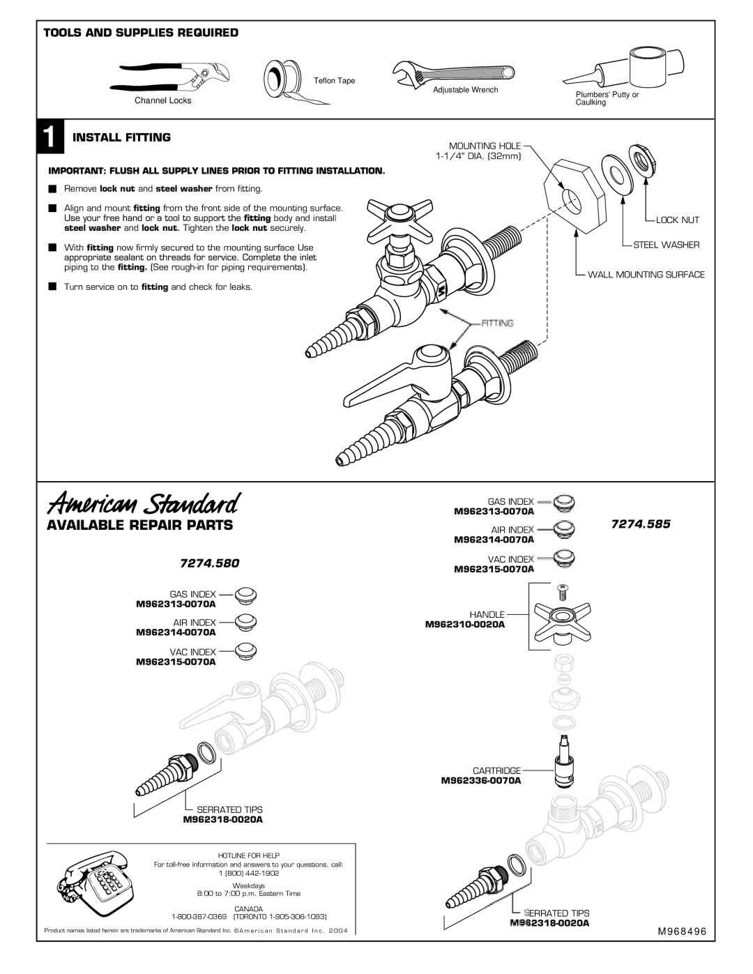 American Standard 7274.580, 7274.585 installation instructions Hotline for Help, Canada 