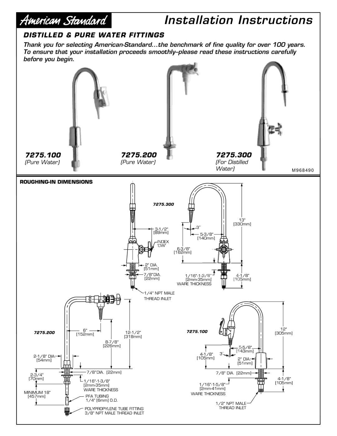 American Standard 7275.300 installation instructions ROUGHING-IN Dimensions, 7275.200, 7275.100 