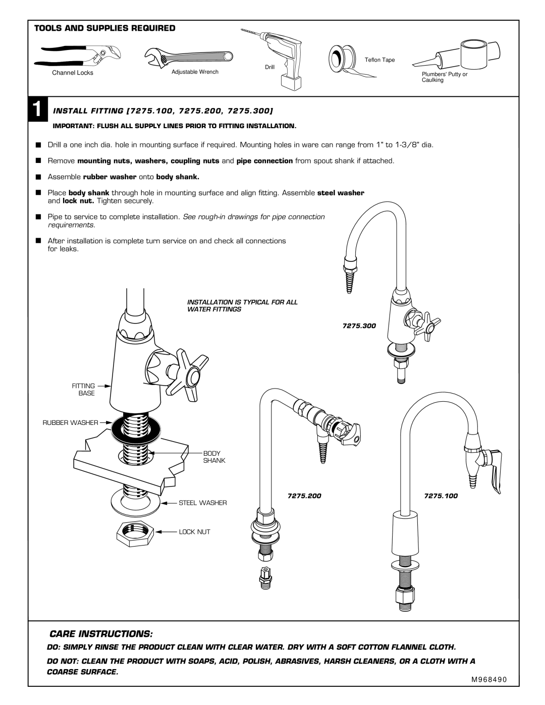 American Standard 7275.300 installation instructions Tools and Supplies Required, 7275.200 7275.100 