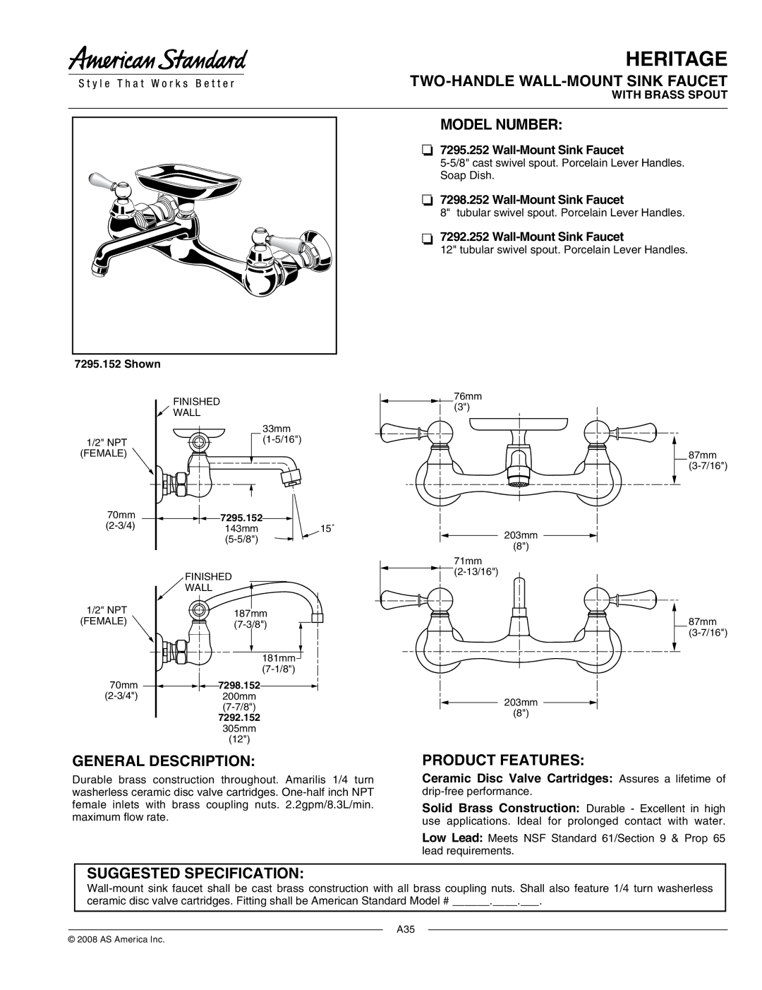 American Standard 7292.252 manual Heritage 