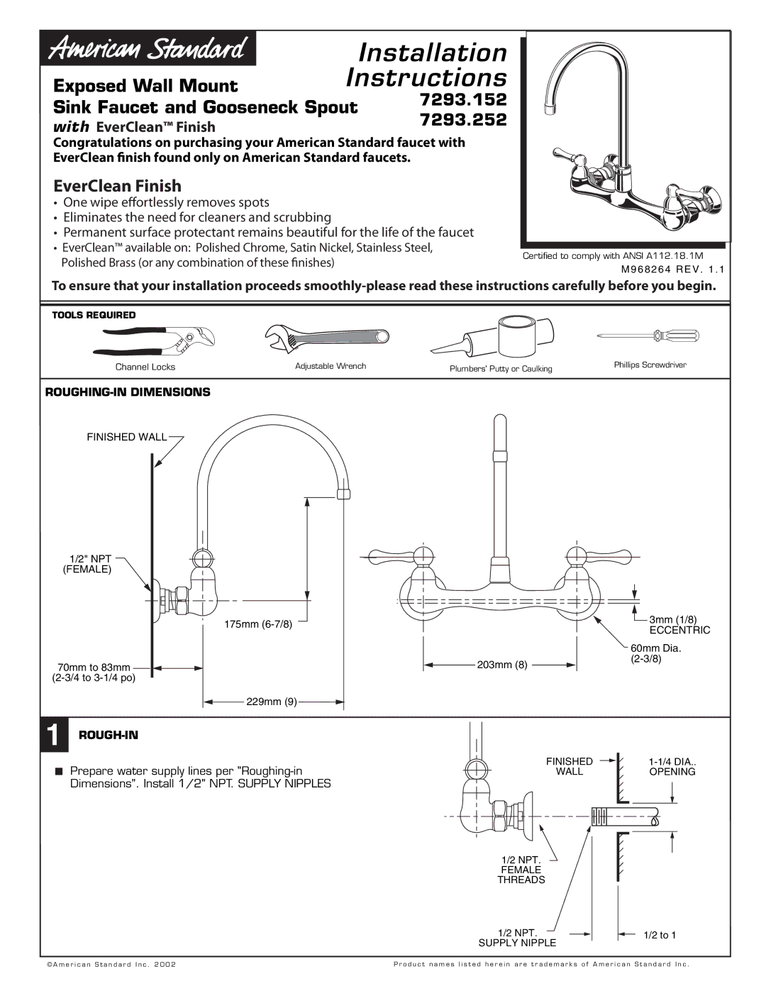 American Standard 7293.252, 7293.152 installation instructions ROUGHING-IN Dimensions,  Rough-In 