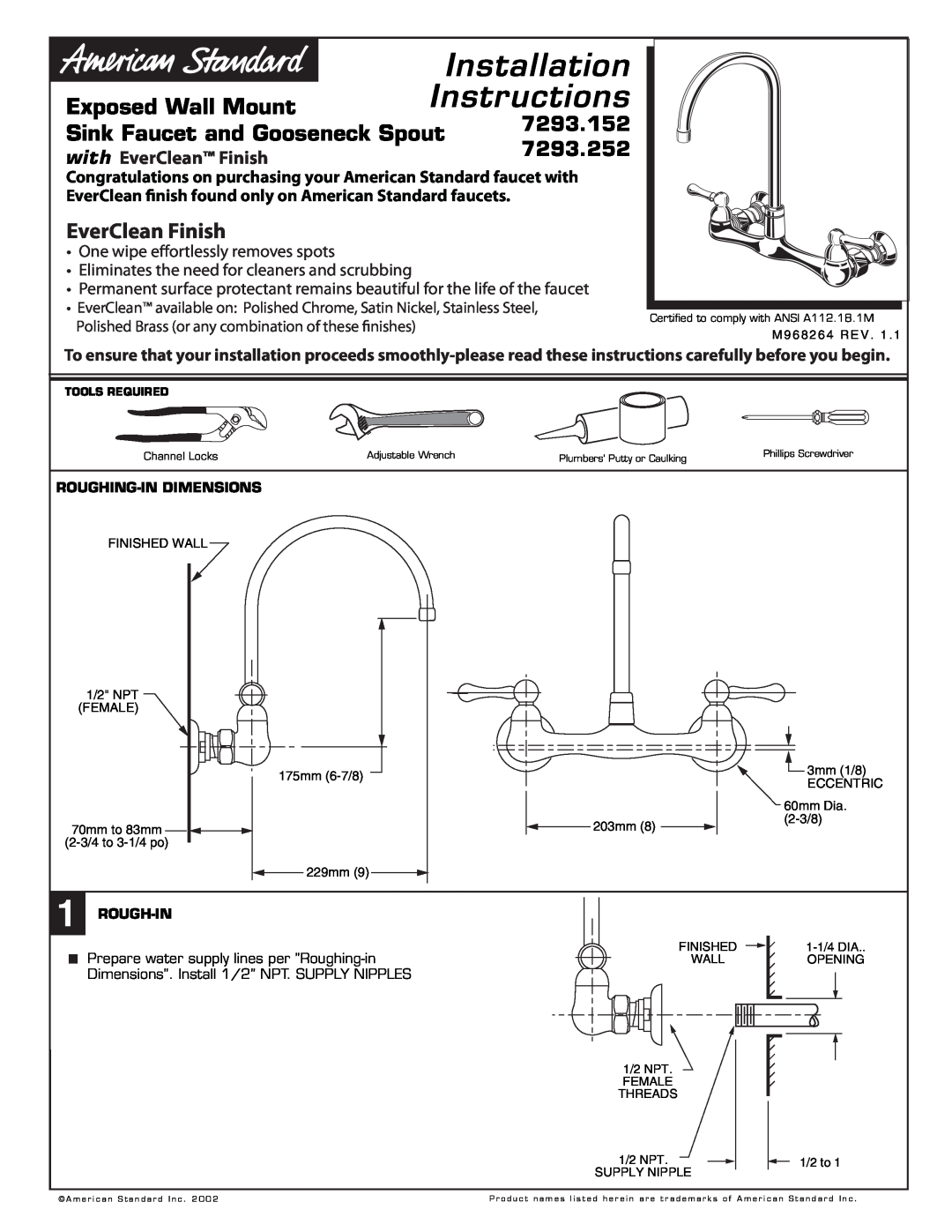 American Standard 7293.252 installation instructions Roughing-Indimensions, Rough-In, Installation, Instructions 