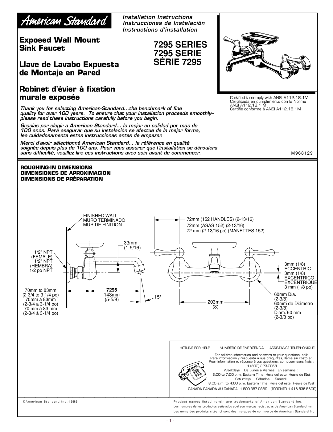 American Standard 7295 Series installation instructions 