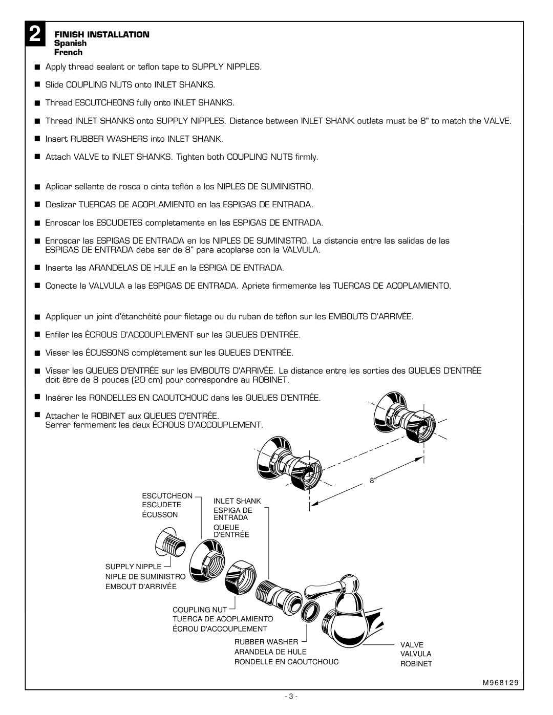 American Standard 7295 Series installation instructions SpanishFINISH Installation French 