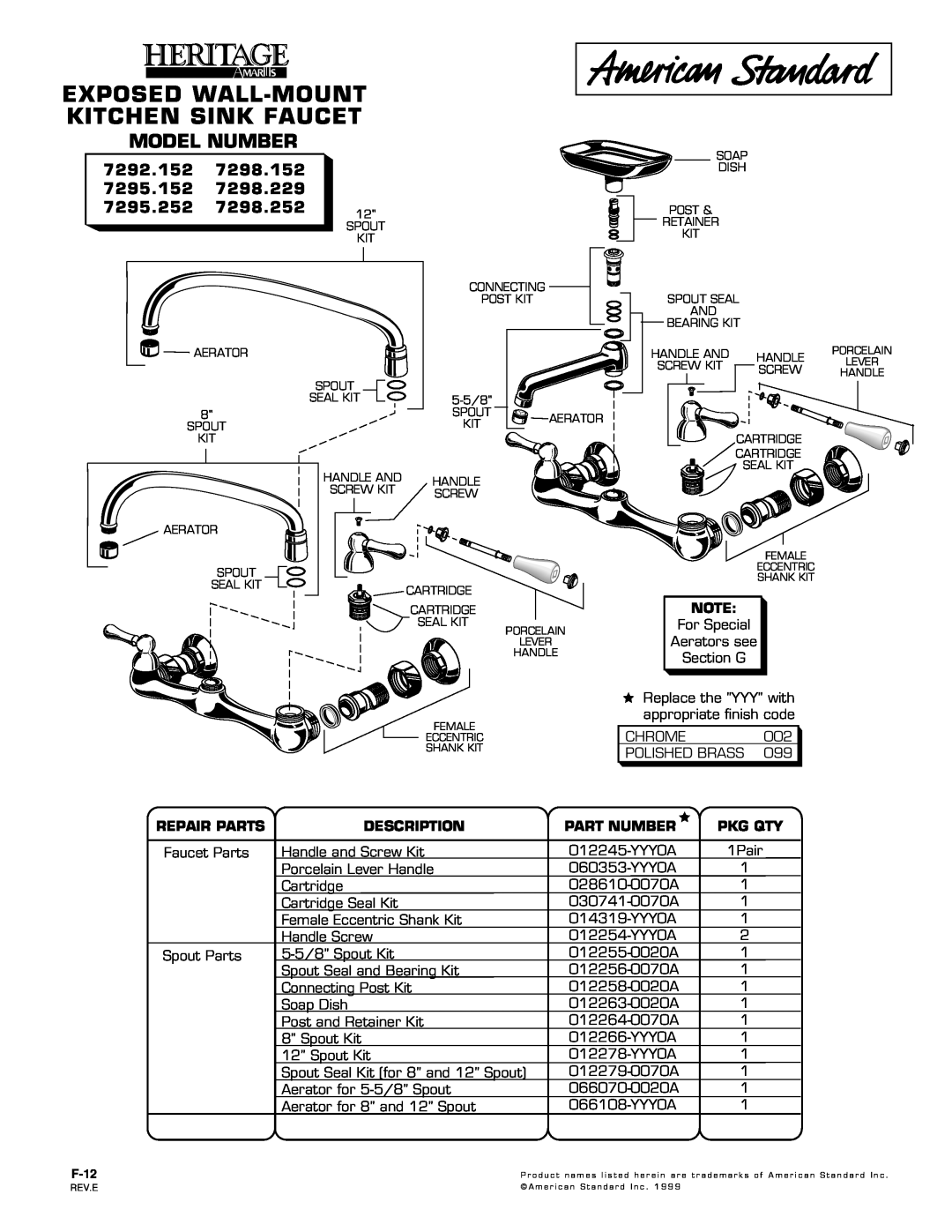 American Standard 7298.252 manual Exposed Wall-Mountkitchen Sink Faucet, Model Number, 7292.152, Repair Parts, Description 