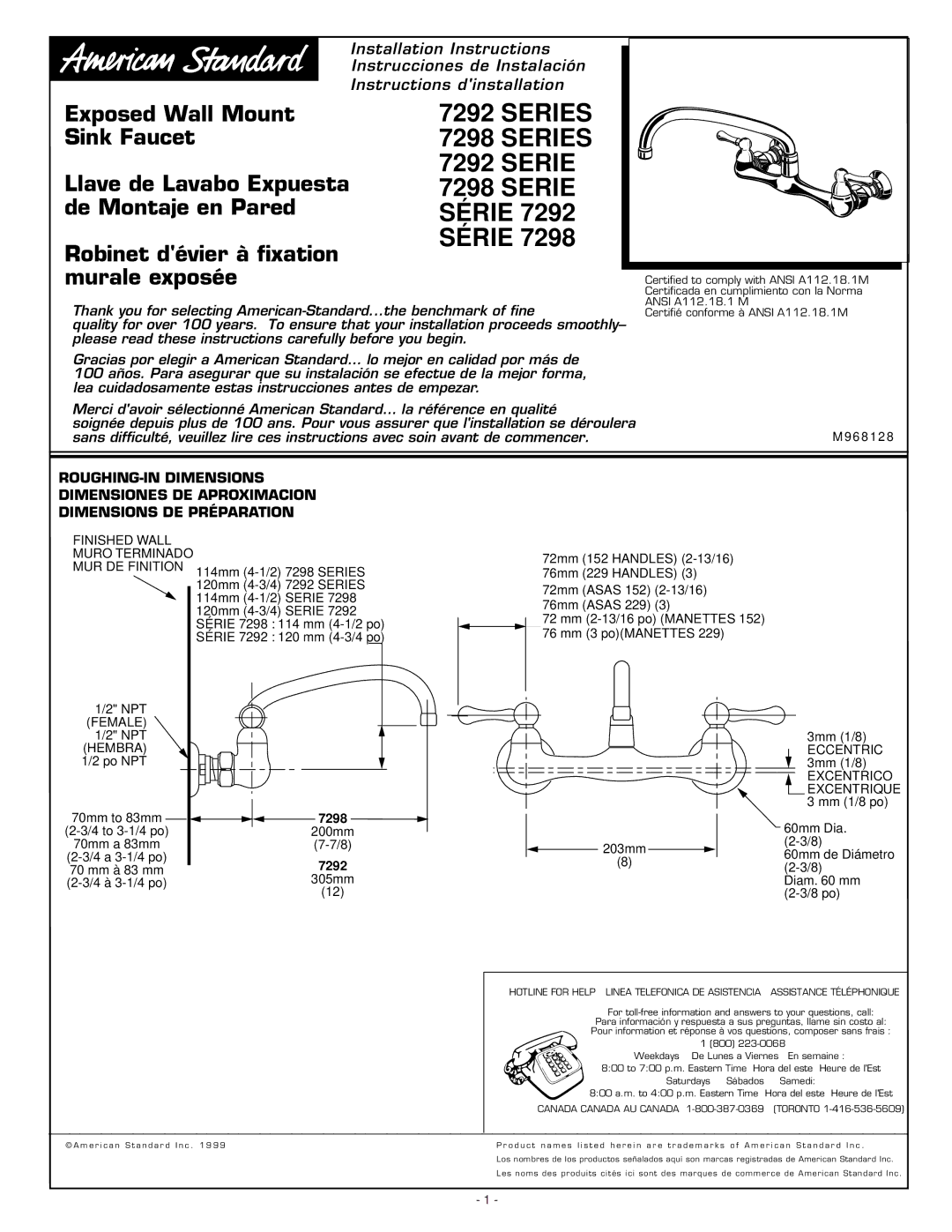 American Standard 7292 Series, 7298 Series installation instructions 