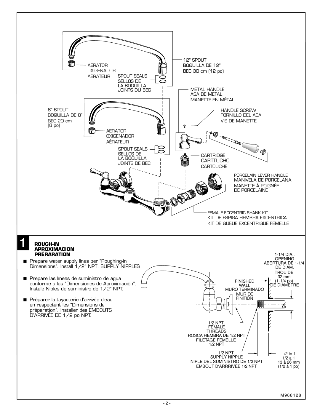 American Standard 7298 Series, 7292 Series installation instructions Carttucho, ROUGH-IN Aproximacion Préraration 