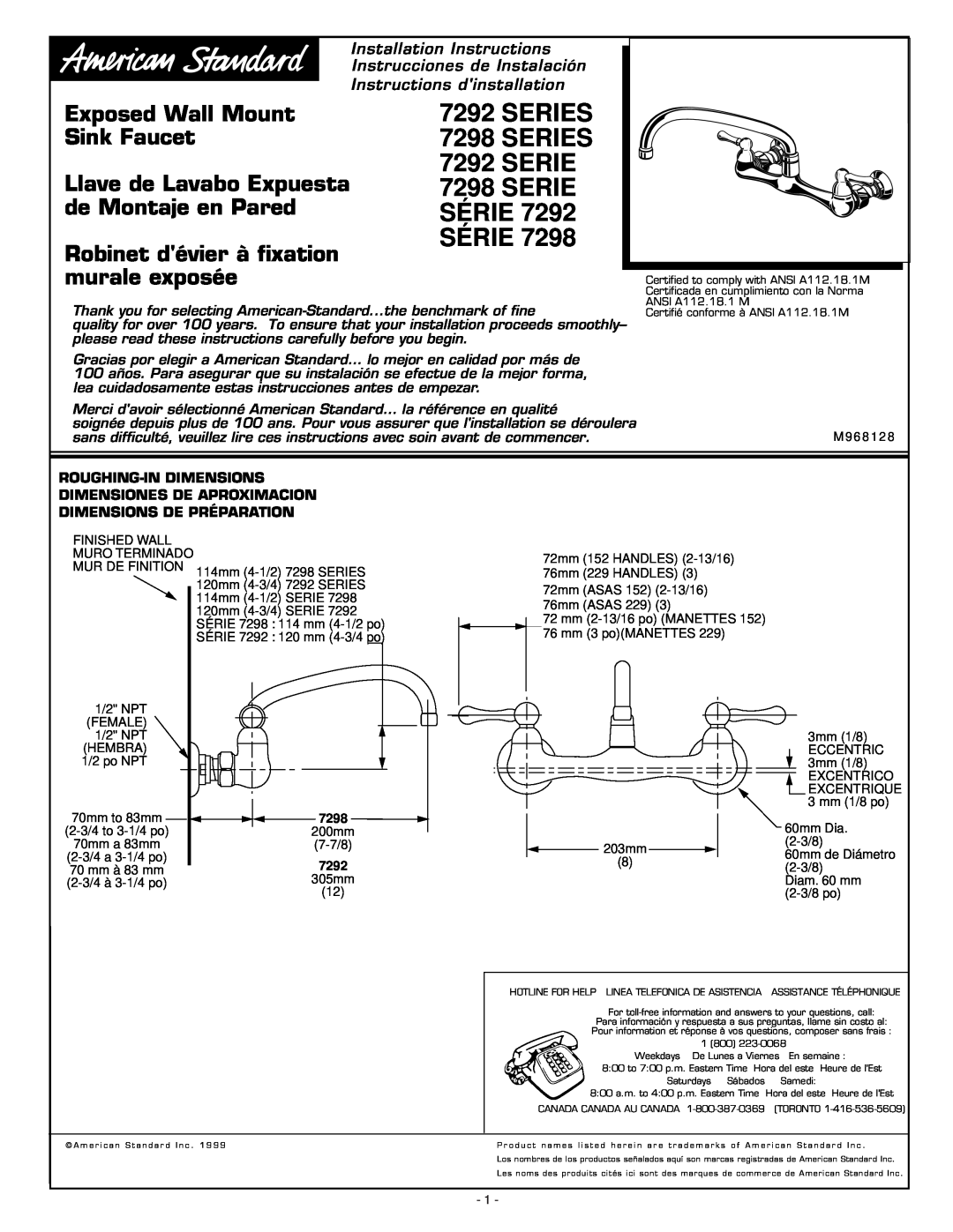 American Standard 7292 Series installation instructions Roughing-Indimensions Dimensiones De Aproximacion, Série 