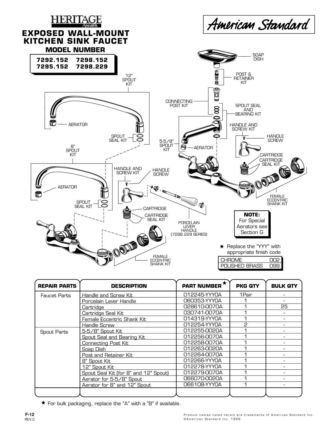 American Standard 7298.229 manual Exposed WALL-MOUNT Kitchen Sink Faucet, Model Number, 7292.152 7295.152 