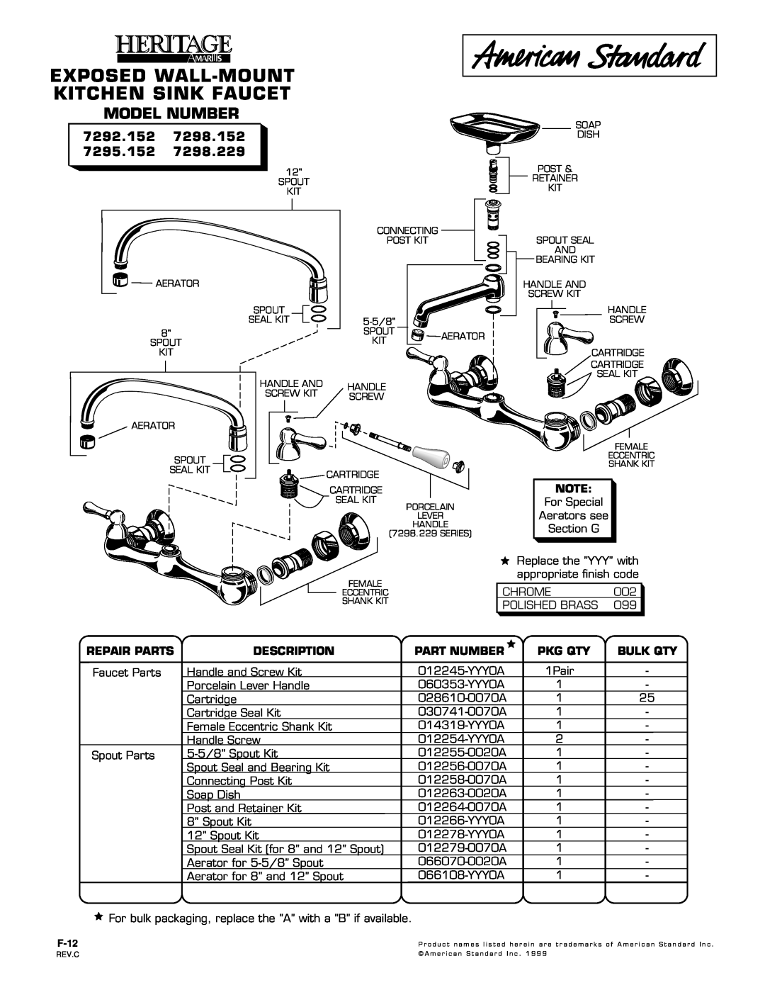 American Standard 7298.229 manual Exposed Wall-Mount Kitchen Sink Faucet, Model Number, 7292.152, Repair Parts, Pkg Qty 