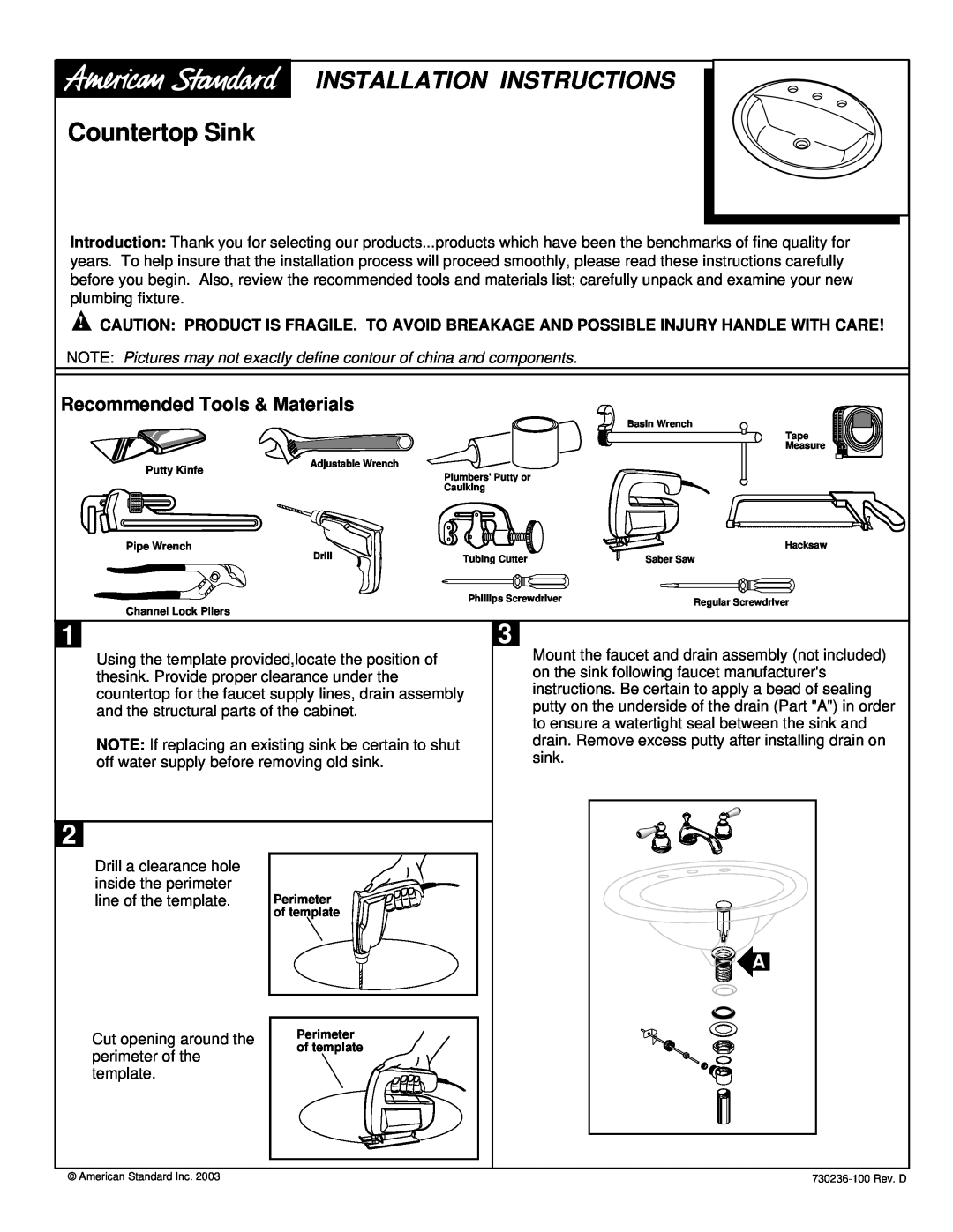 American Standard 730236-100 installation instructions Countertop Sink, Installation Instructions 