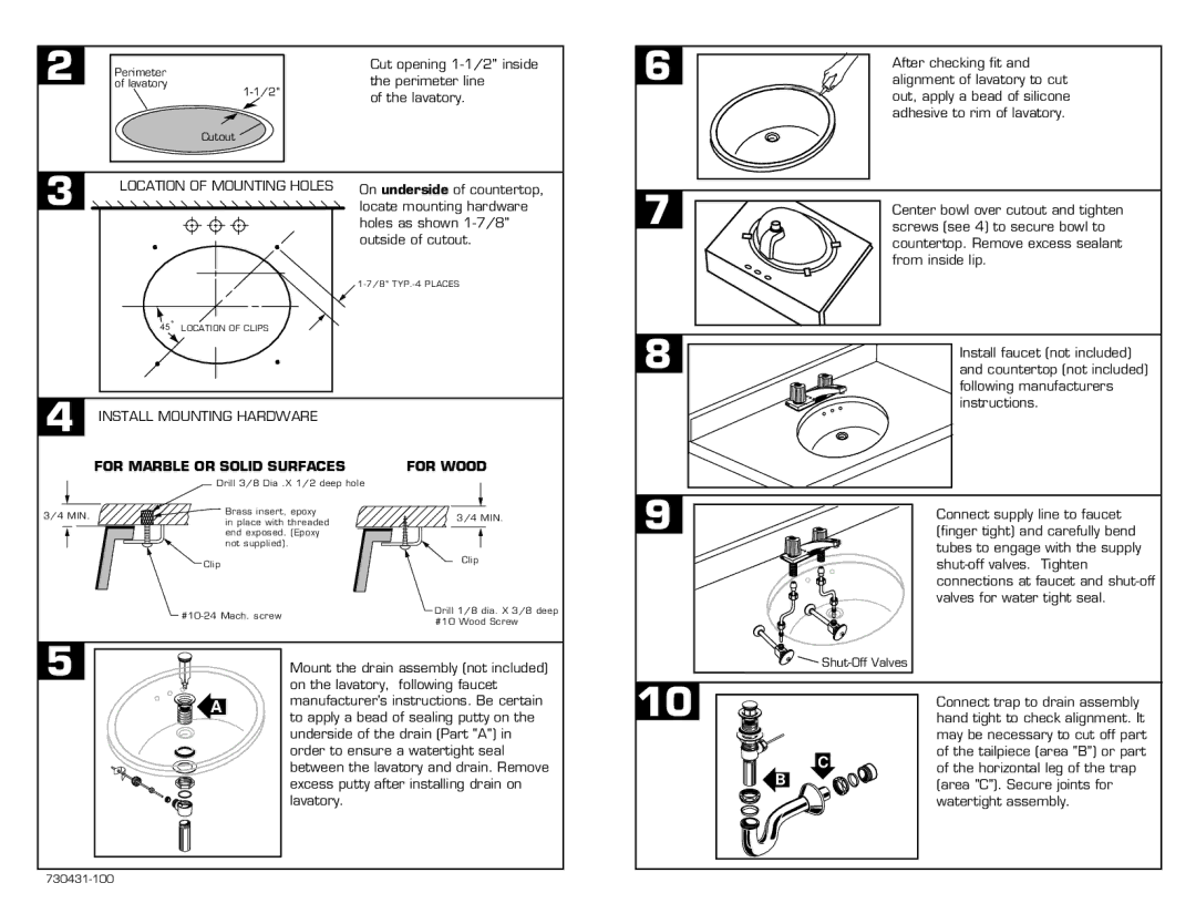 American Standard 730431-100 Center bowl over cutout and tighten, Screws see 4 to secure bowl to, From inside lip 