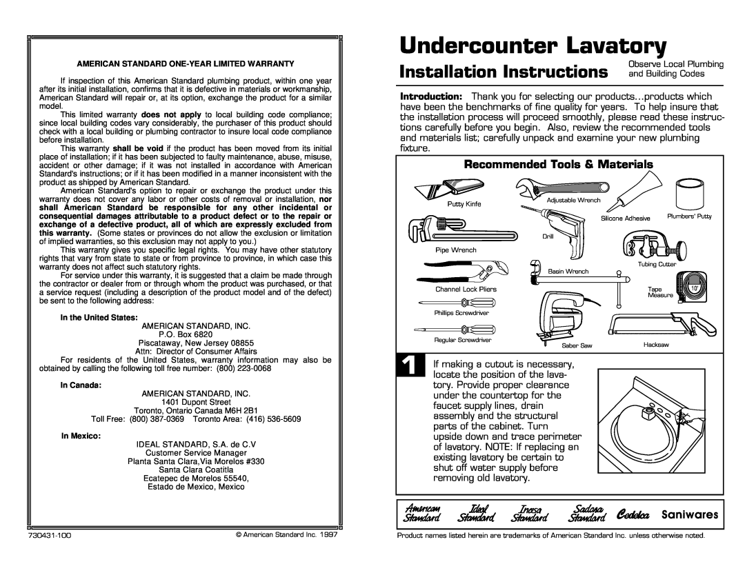 American Standard 730431-100 installation instructions Undercounter Lavatory, Installation Instructions, Saniwares 