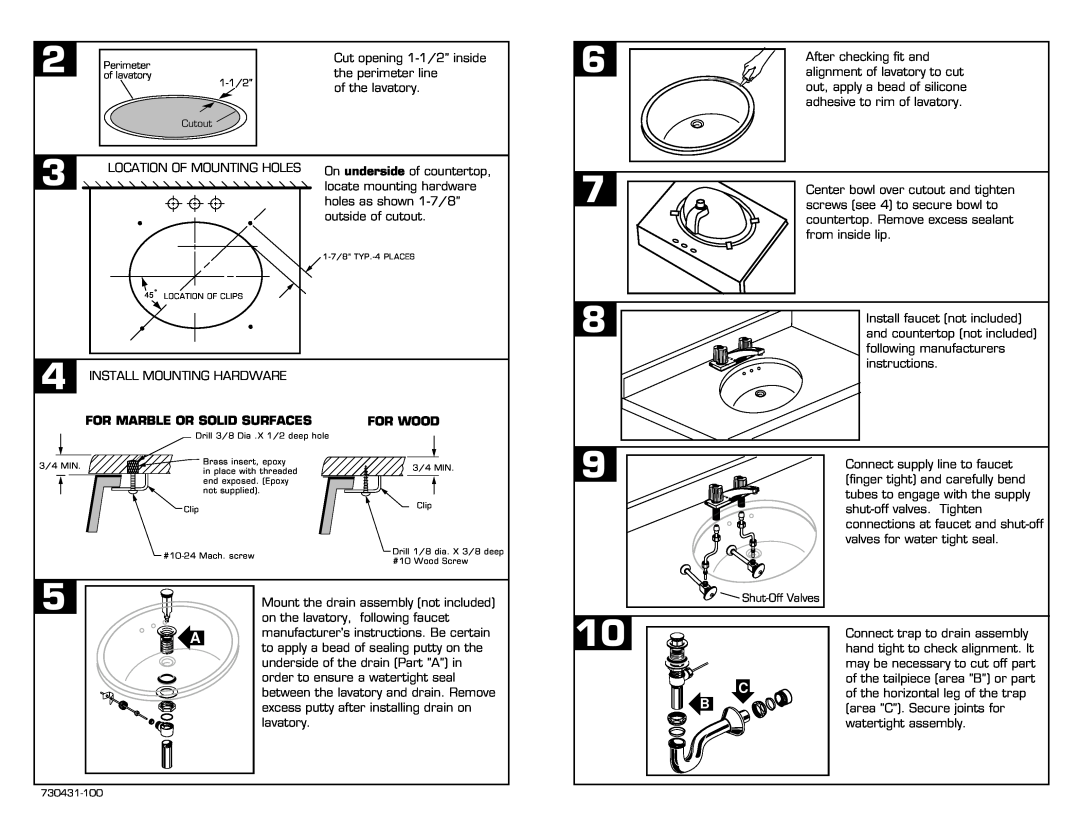 American Standard 730431-100 installation instructions Install Mounting Hardware, For Marble Or Solid Surfaces, For Wood 