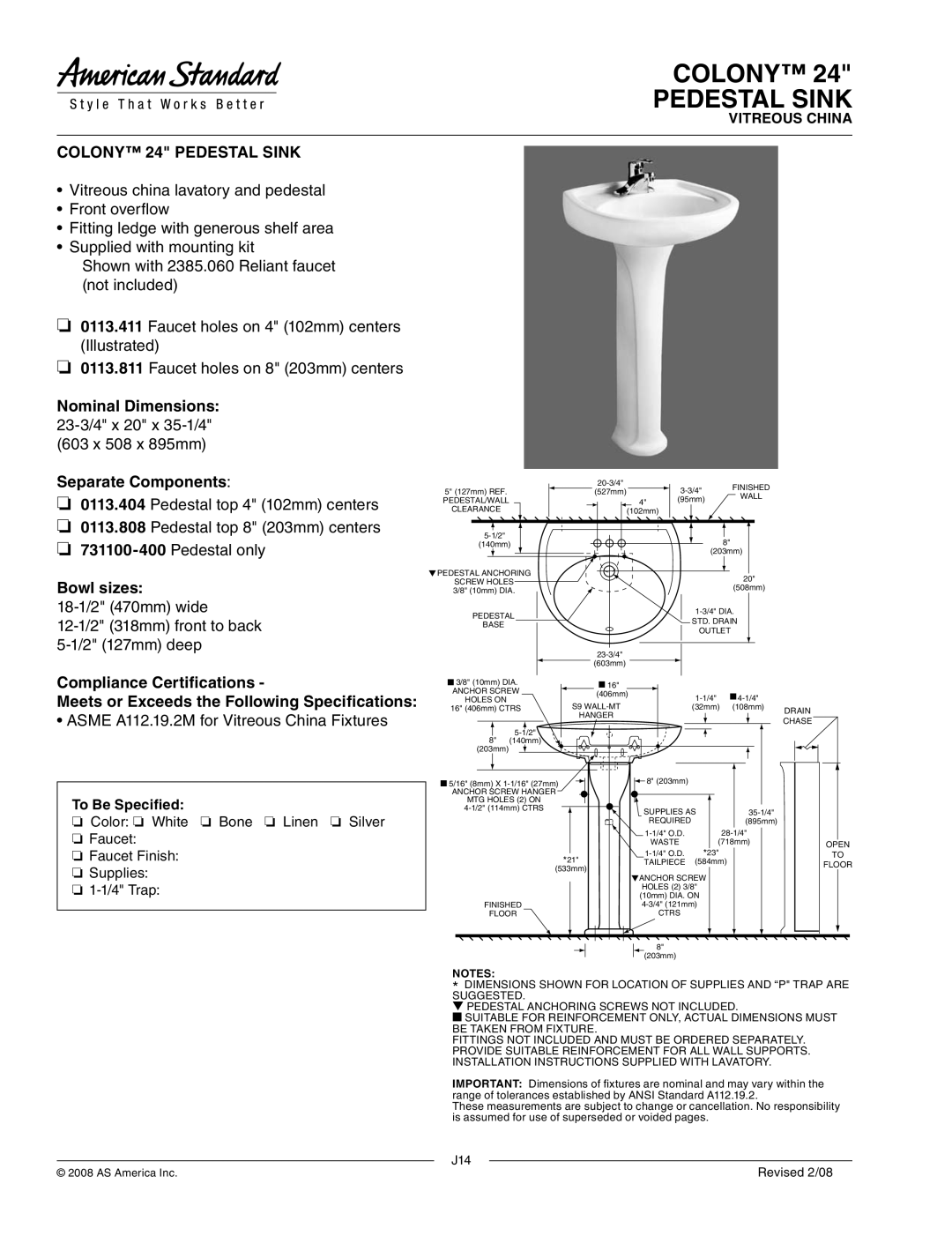 American Standard 0113.811, 731100-400, 0113.404 dimensions Colony Pedestal Sink, Colony 24 Pedestal Sink, To Be Specified 