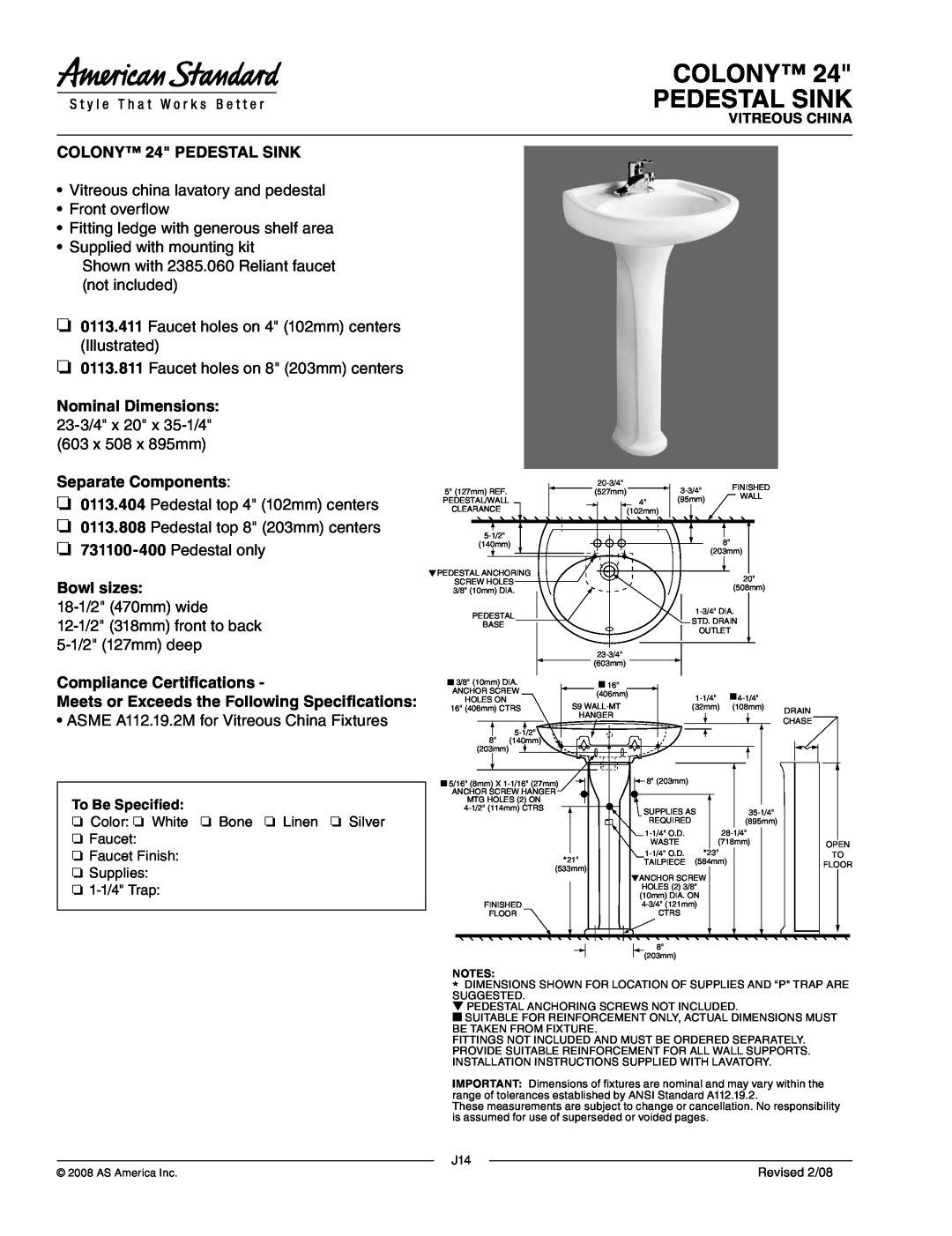 American Standard 0113.811 dimensions Colony Pedestal Sink, COLONY 24 PEDESTAL SINK, Separate Components, Bowl sizes 