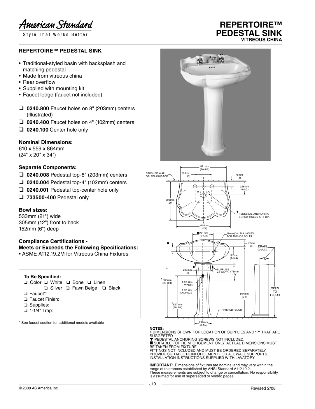 American Standard 0240.400 dimensions Repertoire Pedestal Sink, 533mm 21 wide 305mm 12 front to back 152mm 6 deep 