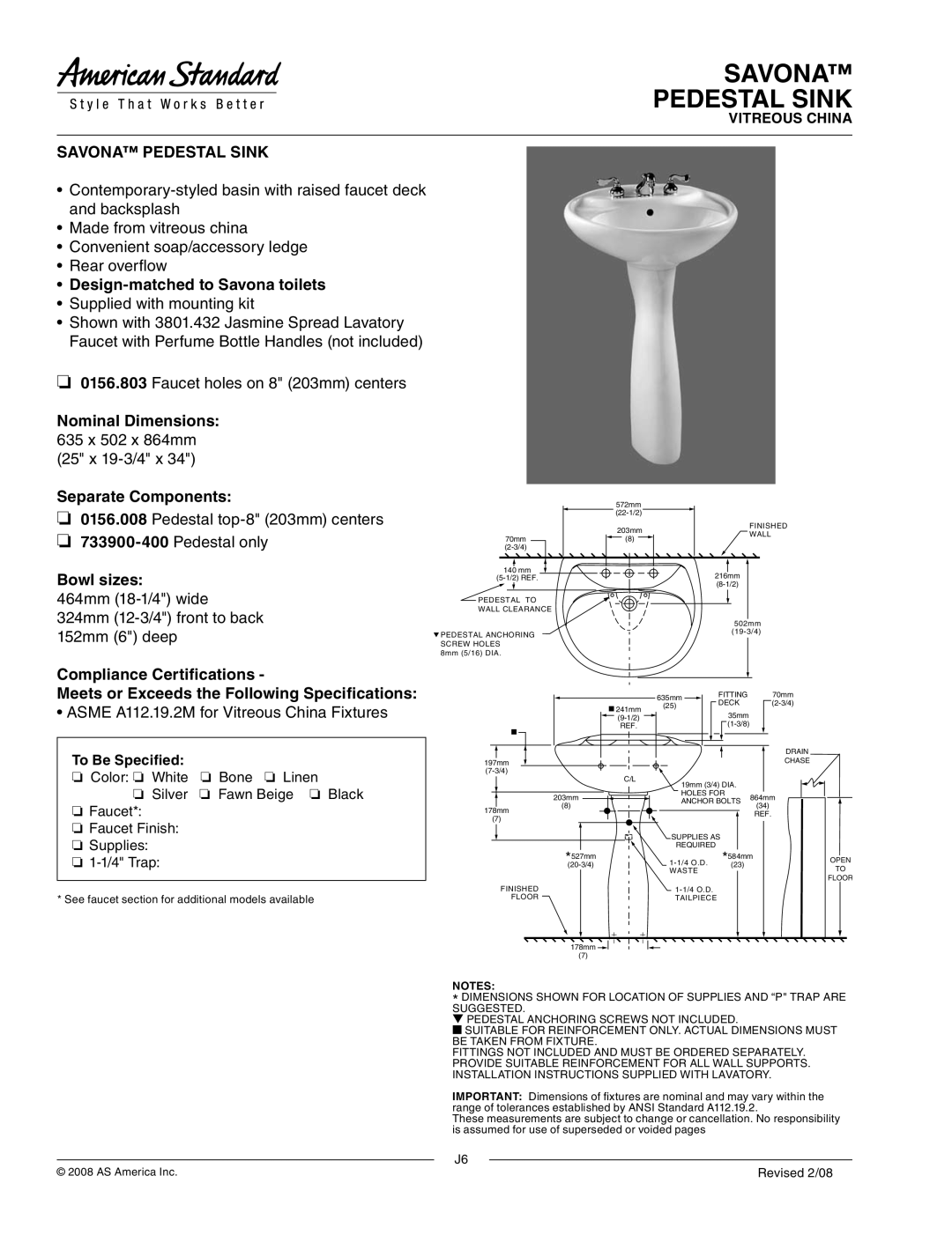 American Standard 0156.803, 733900-400 dimensions Savona Pedestal Sink, Design-matched to Savona toilets, Bowl sizes 