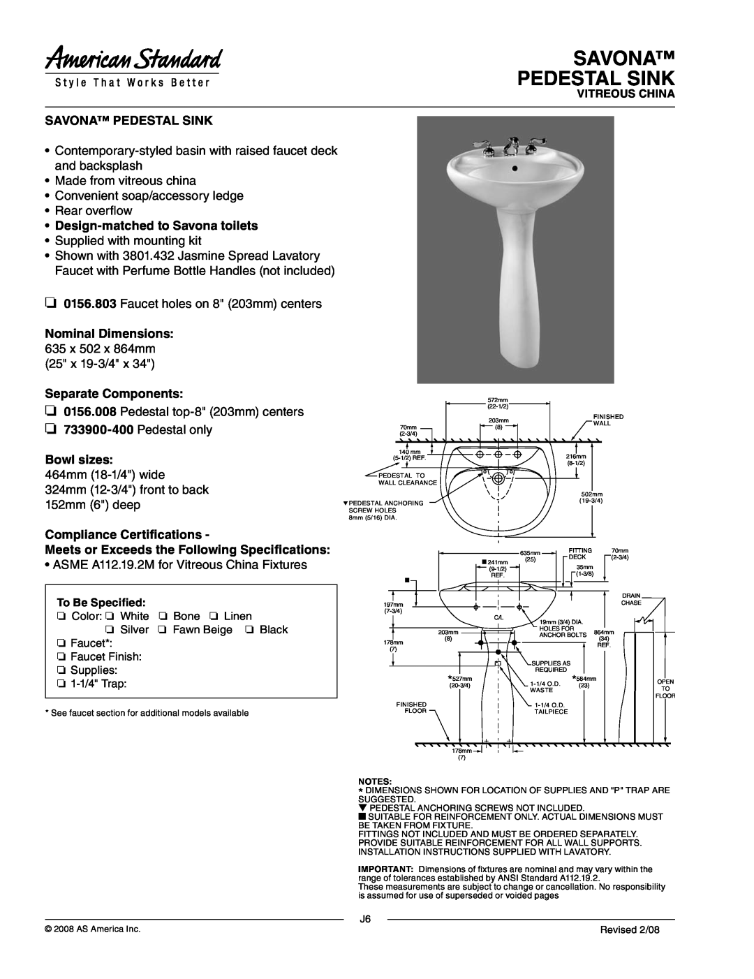 American Standard 0156.803, 0156.008 dimensions Savona Pedestal Sink, Design-matchedto Savona toilets, Separate Components 