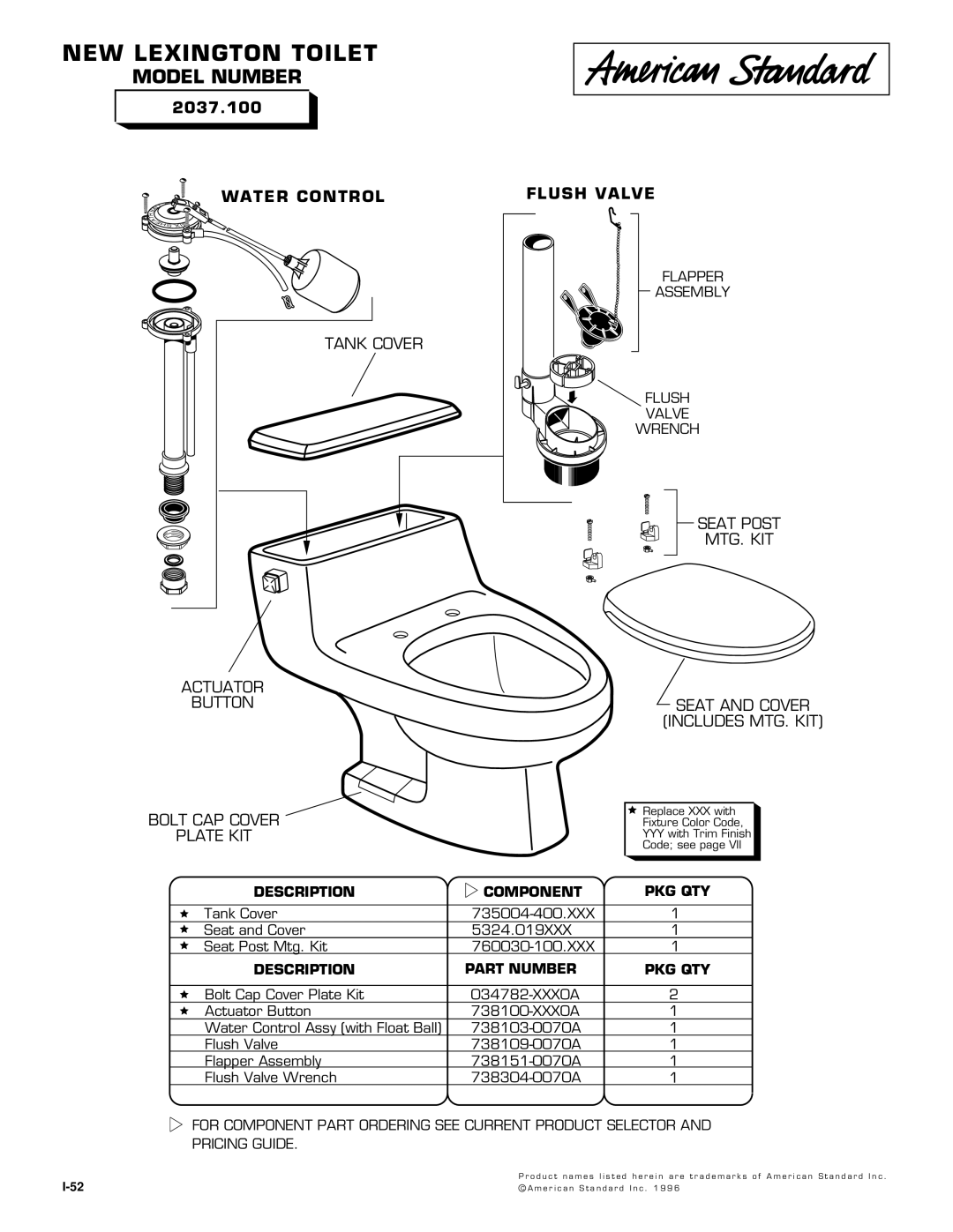 American Standard 738100-XXX0A, 738109-0070A manual NEW Lexington Toilet, Model Number, Water Control, Flush Valve 