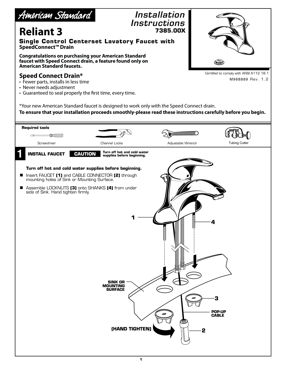 American Standard 7385.00X installation instructions Speed Connect Drain, Install Faucet 