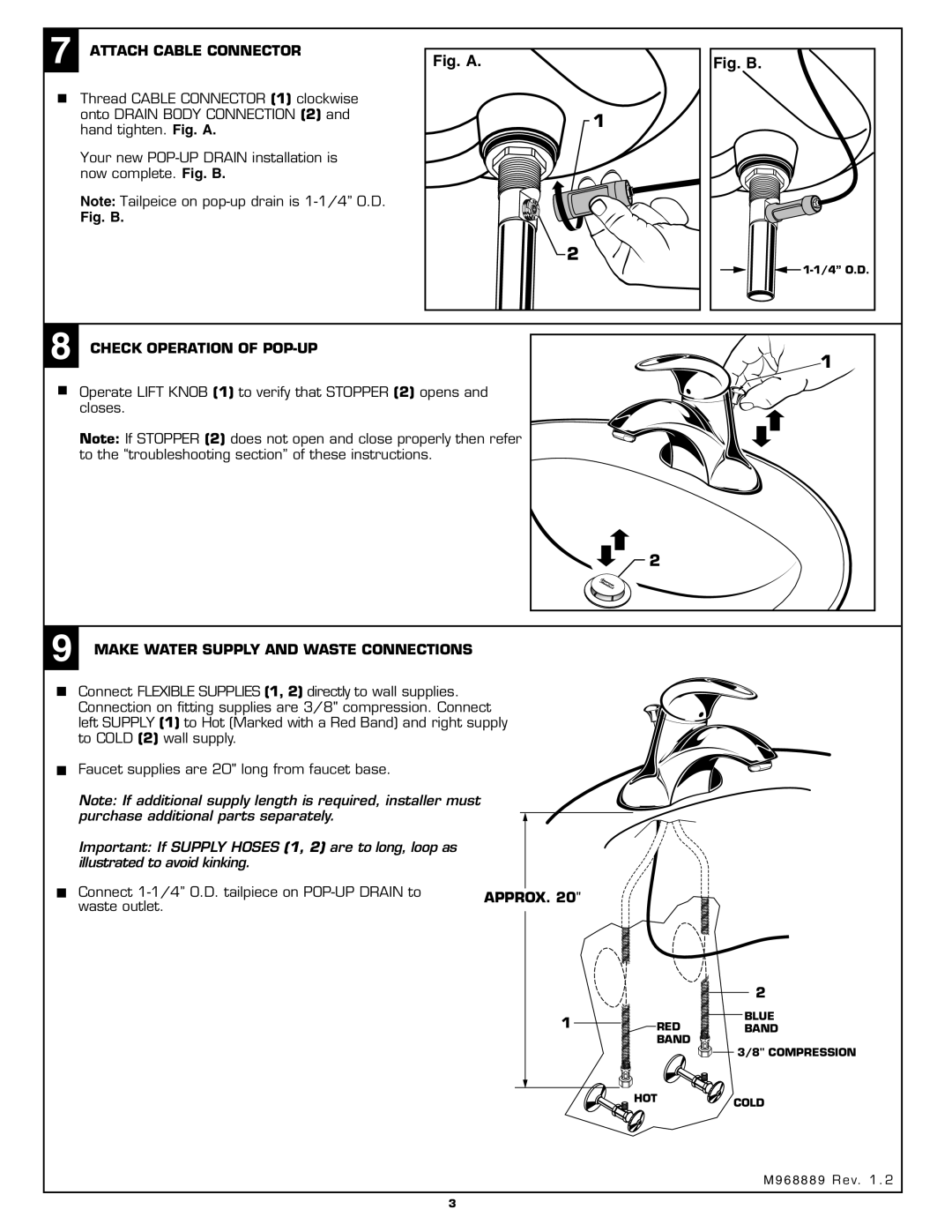 American Standard 7385.00X Attach Cable Connector, Check Operation of POP-UP, Make Water Supply and Waste Connections 