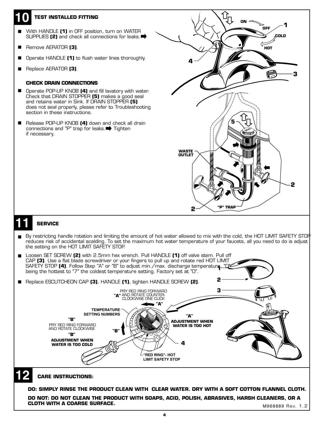 American Standard 7385.00X installation instructions Test Installed Fitting, Check Drain Connections, Service 