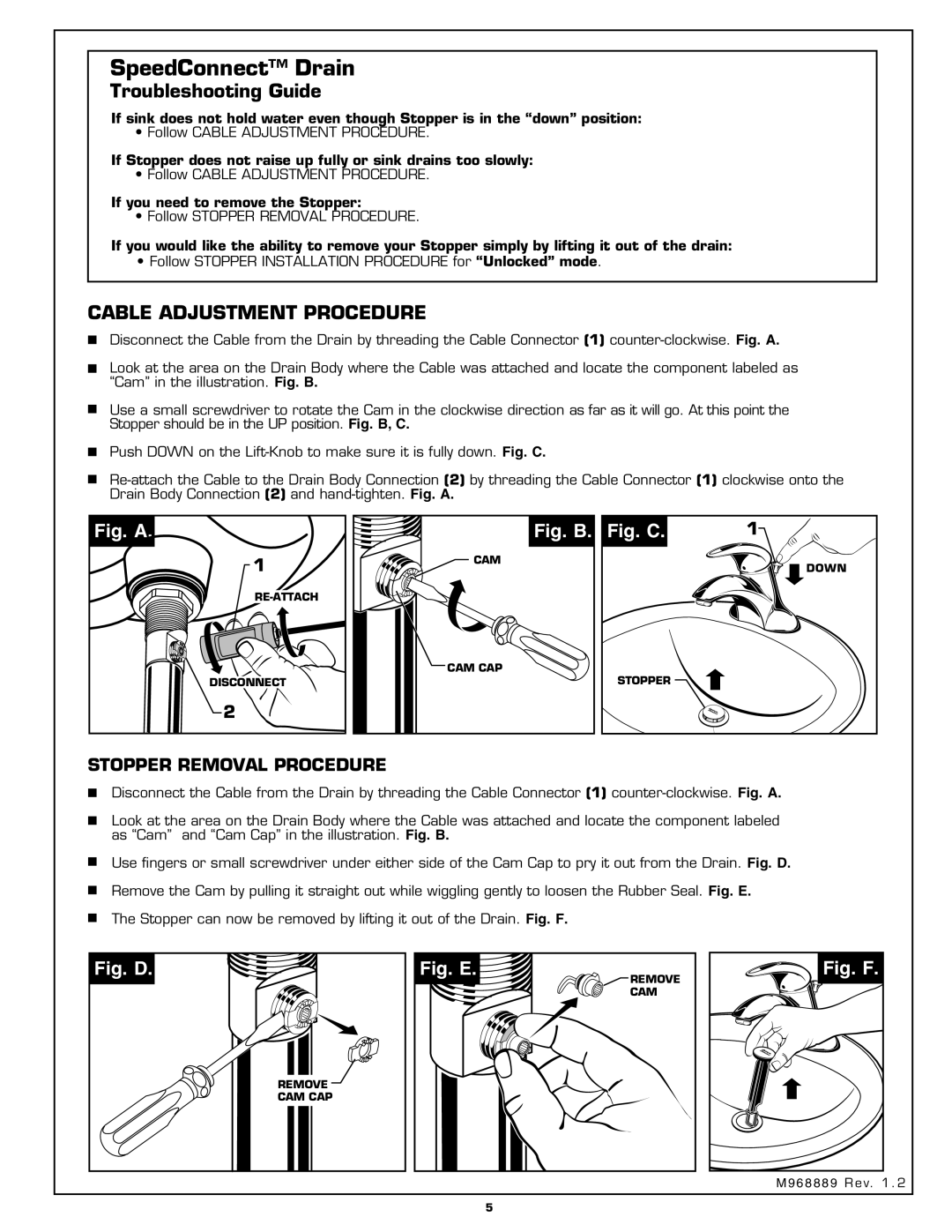 American Standard 7385.00X installation instructions SpeedConnect Drain, Troubleshooting Guide 