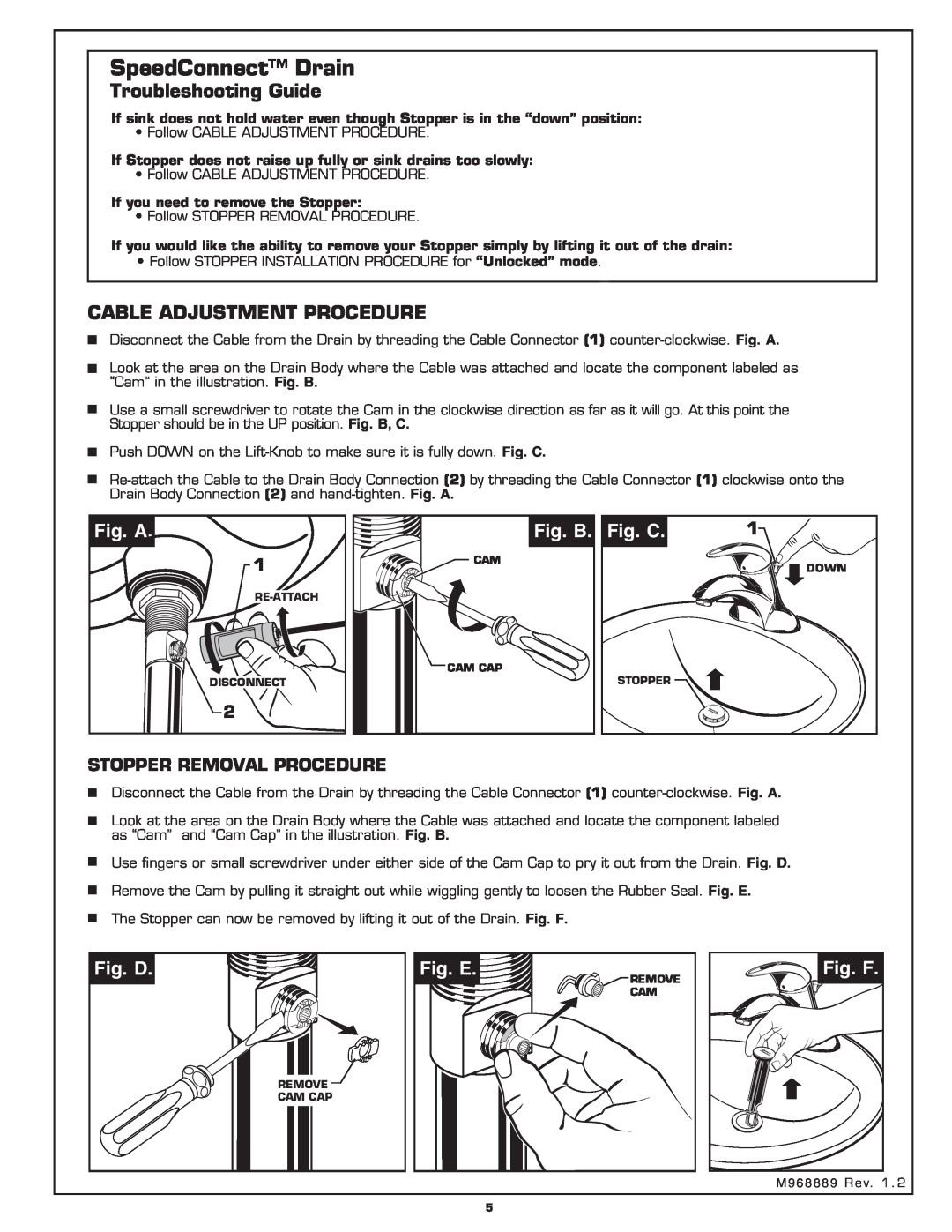 American Standard 7385.00X SpeedConnect Drain, Troubleshooting Guide, Cable Adjustment Procedure, Fig. A, Fig. B, Fig. C 