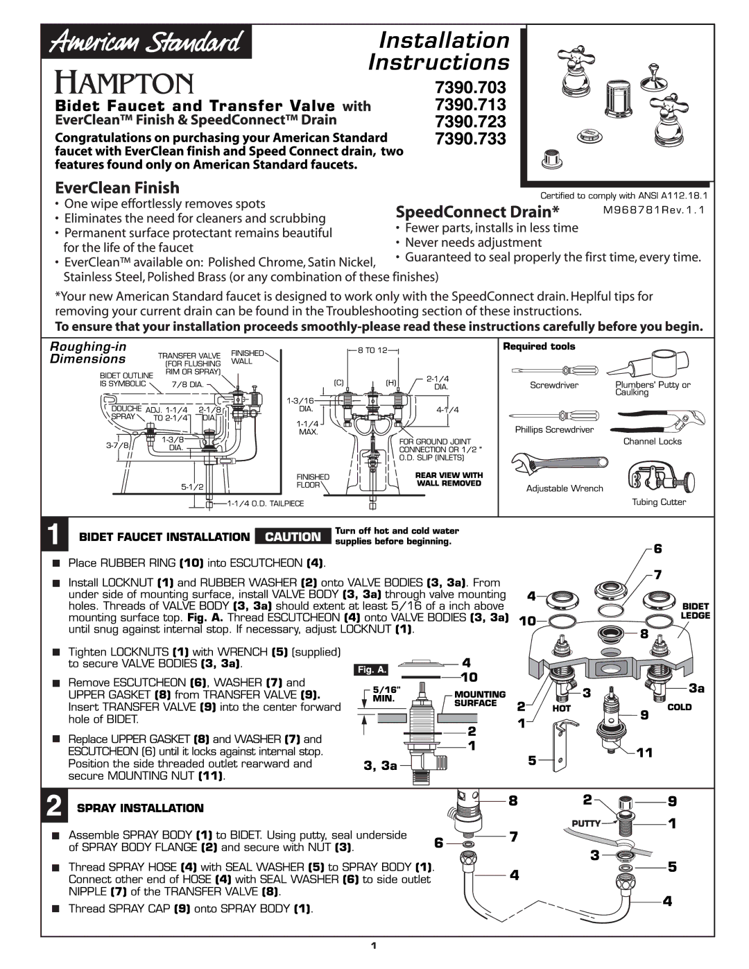 American Standard 7390.713, 7390.733, 7390.723, 7390.703 manual 