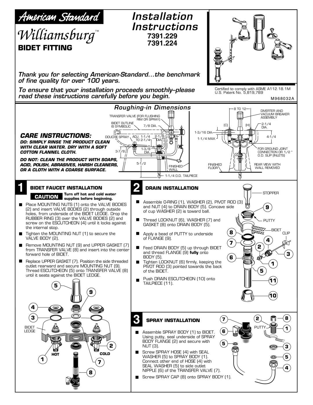American Standard 7391.224 installation instructions Bidet Fitting, Williamsburg, Installation, Instructions, 7391.229 