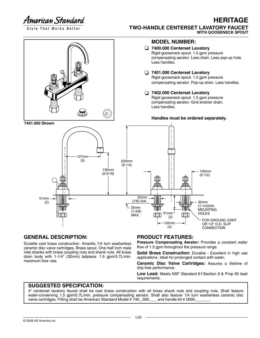 American Standard 7401.000, 7400.000 manual TWO-HANDLE Centerset Lavatory Faucet, Model Number, General Description 