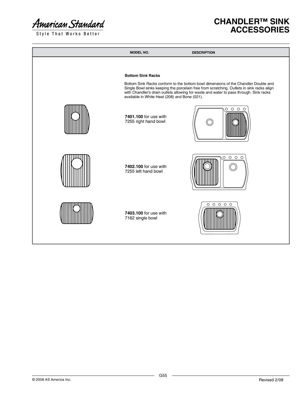 American Standard 7403.100, 7402.100, 7401.100 dimensions Chandler Sink Accessories, Bottom Sink Racks 