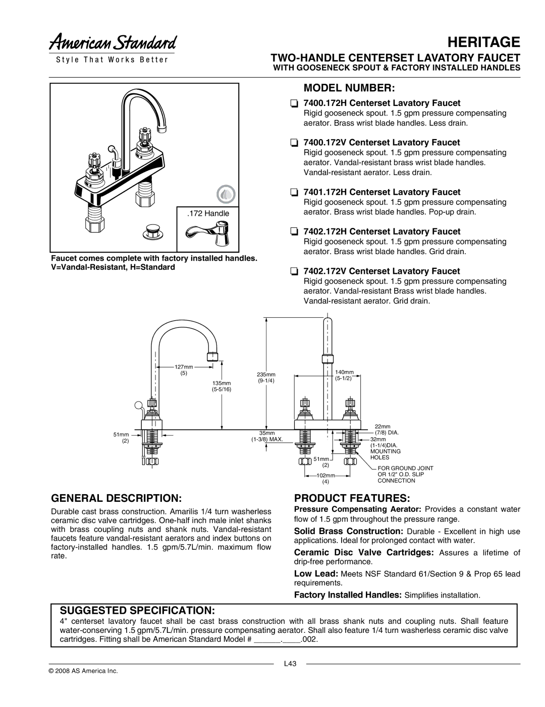 American Standard 7402.172V, 7402.172H manual TWO-HANDLE Centerset Lavatory Faucet, Model Number, General Description 