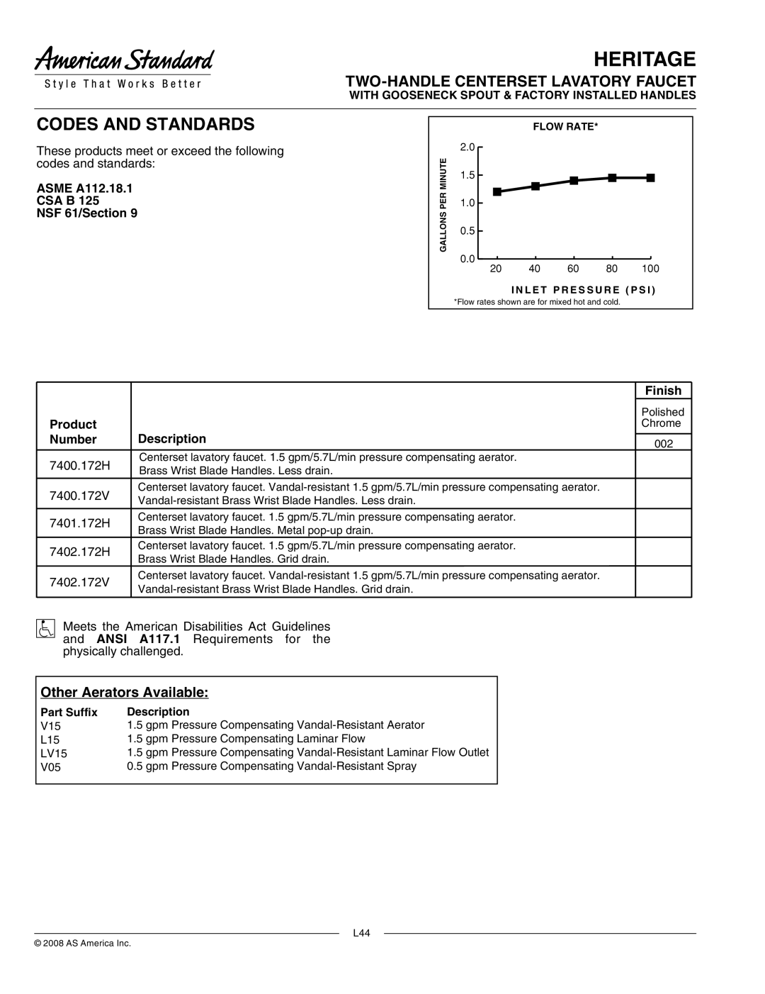 American Standard 7401.172H, 7402.172H, 7402.172V Asme A112.18.1, CSA B NSF 61/Section, Product Number Description, Finish 