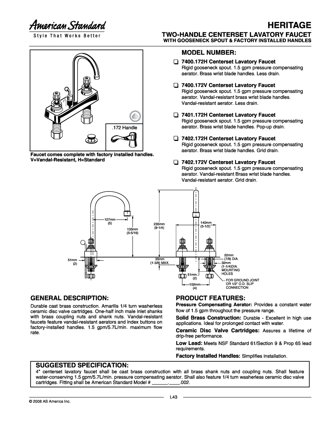 American Standard 7402.172V manual Heritage, 7400.172H Centerset Lavatory Faucet, 7400.172V Centerset Lavatory Faucet 